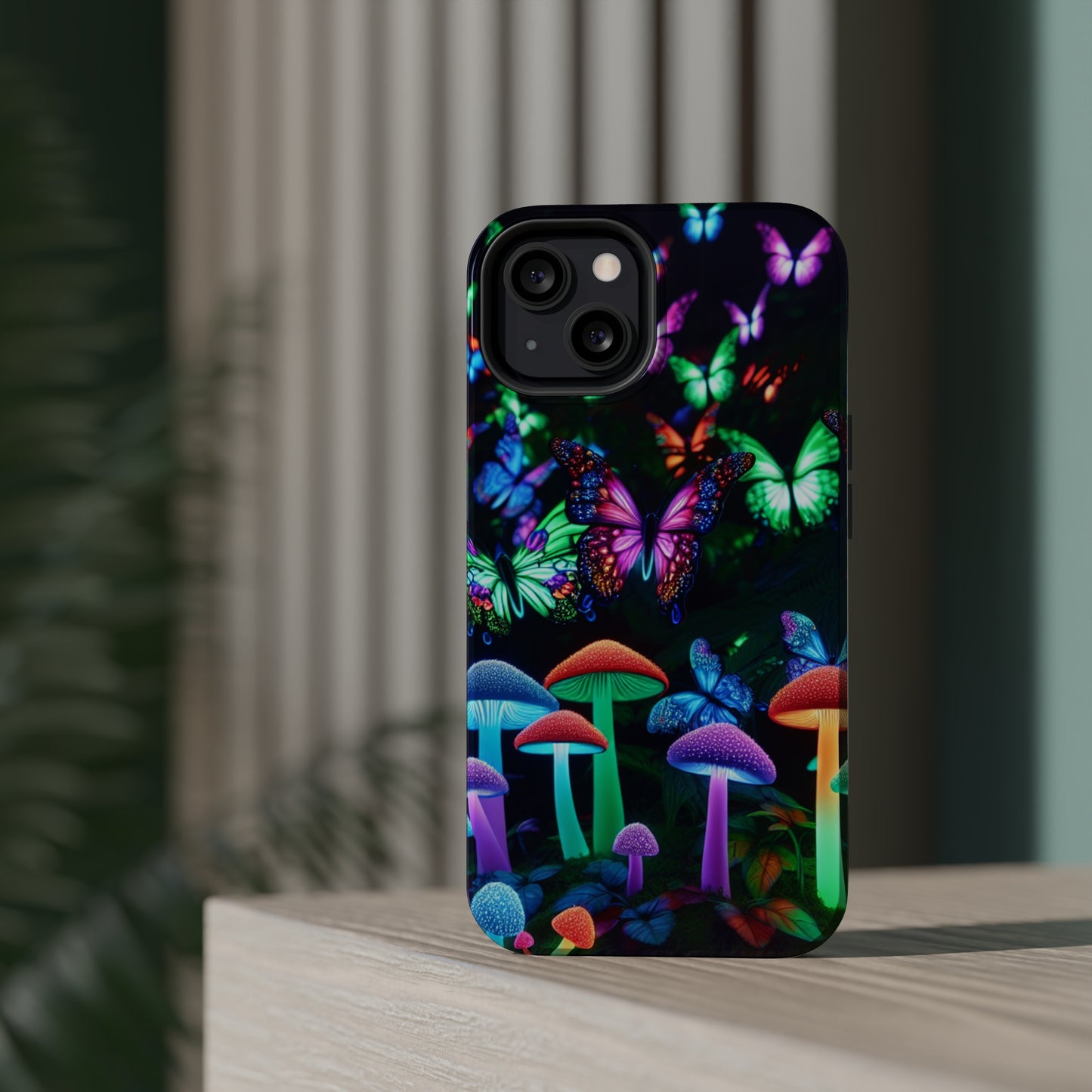 "Neon Burst Wonderland". Neon Butterflies and Mushrooms Premium Art Magsafe Magnet Tough IPhone 13 14 15 Pro Plus Max and Mini in Matte and Glossy Phone cases