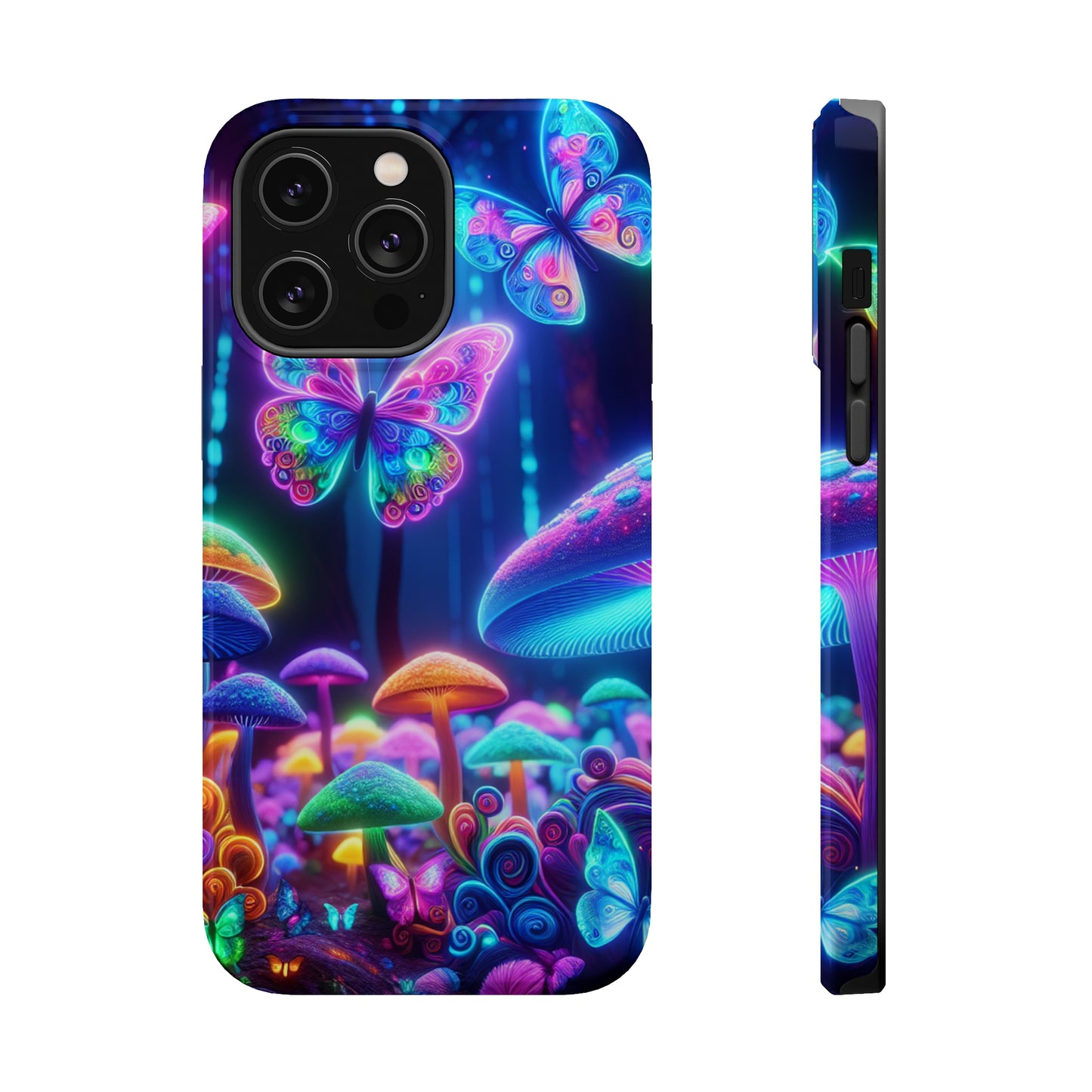 Neon Ecstasy. Neon Butterflies and Mushrooms Premium Art Magsafe Magnet Tough IPhone 13 14 15 Pro Plus Max and Mini in Matte and Glossy Phone cases