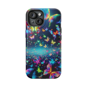 'Neon Butterfly Bliss' Neon Butterflies Premium Art Magsafe Magnet Tough IPhone 13 14 15 Pro Plus Max and Mini in Matte and Glossy Phone cases