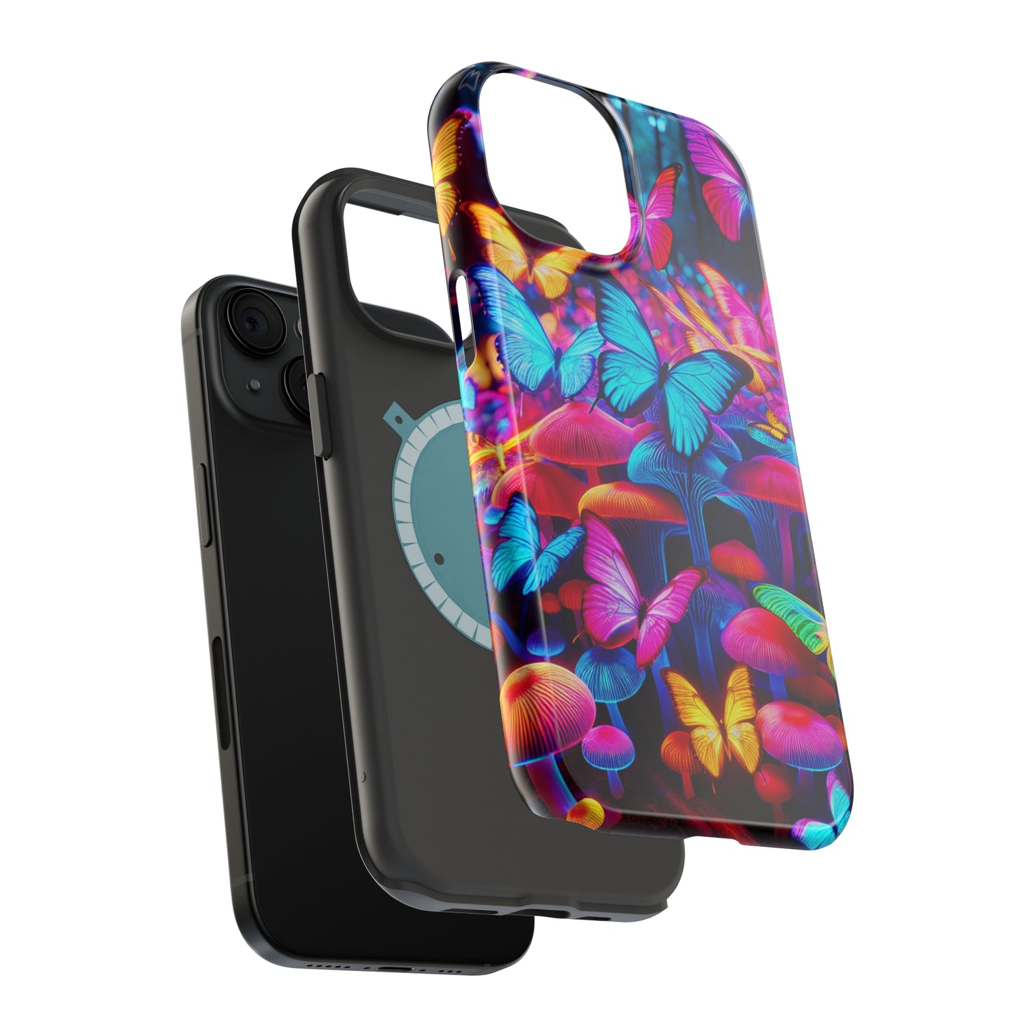"Neon Tie-Dye Garden" Neon Butterflies and Mushrooms Premium Art Magsafe Magnet Tough IPhone 13 14 15 Pro Plus Max and Mini in Matte and Glossy Phone cases