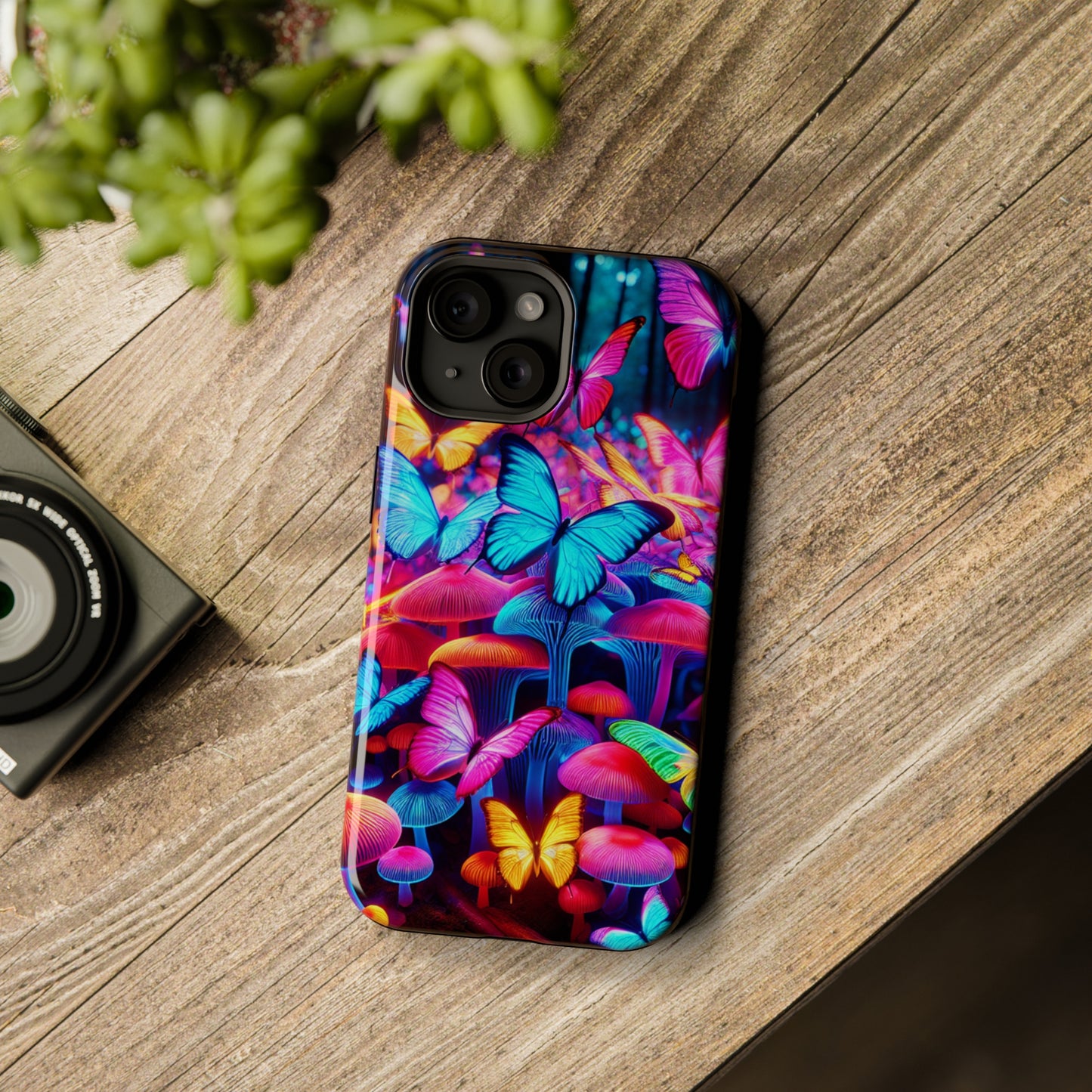"Neon Tie-Dye Garden" Neon Butterflies and Mushrooms Premium Art Magsafe Magnet Tough IPhone 13 14 15 Pro Plus Max and Mini in Matte and Glossy Phone cases