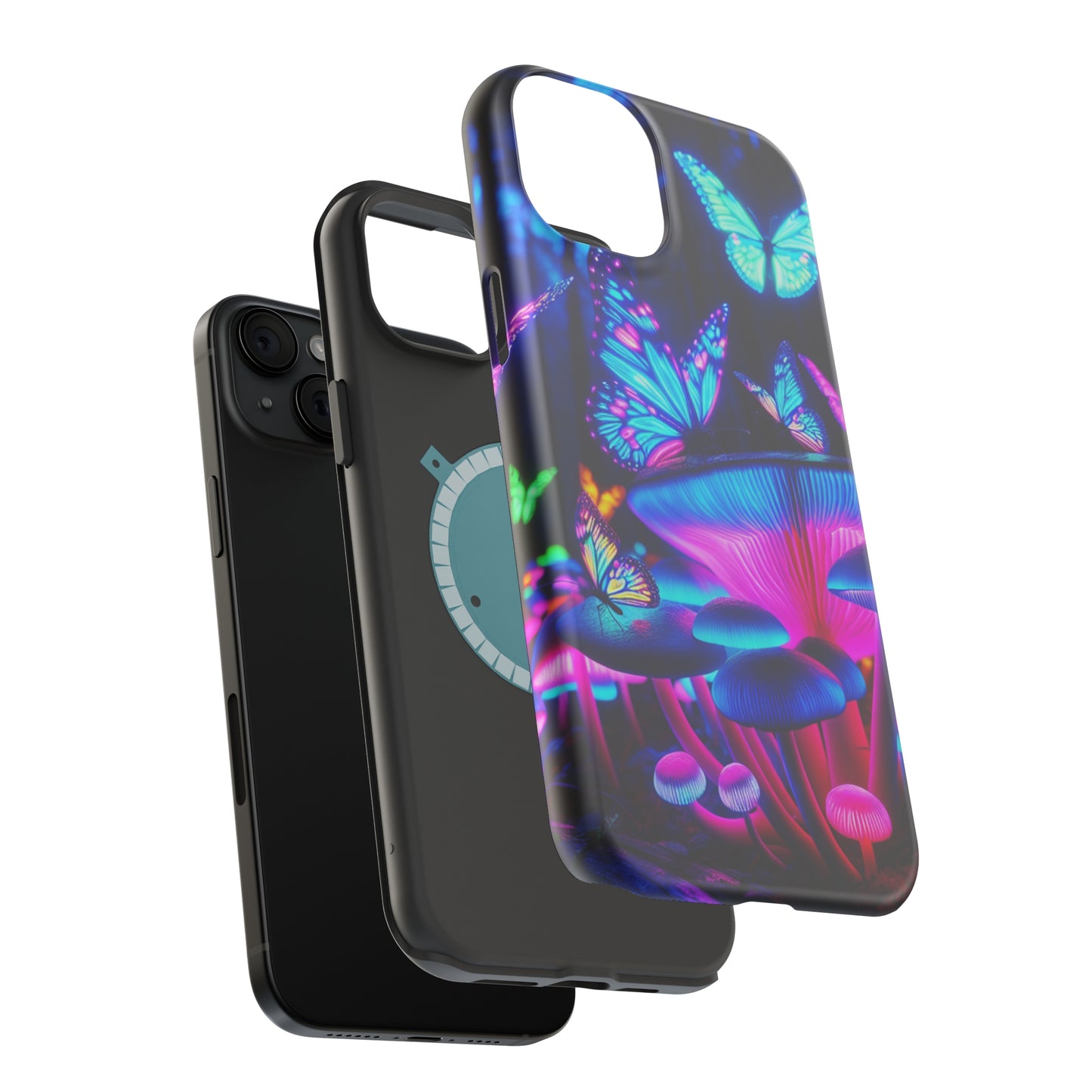 Neon Fantasy Garden Neon Butterflies and Mushrooms Premium Art Magsafe Magnet Tough IPhone 13 14 15 Pro Plus Max and Mini in Matte and Glossy Phone cases