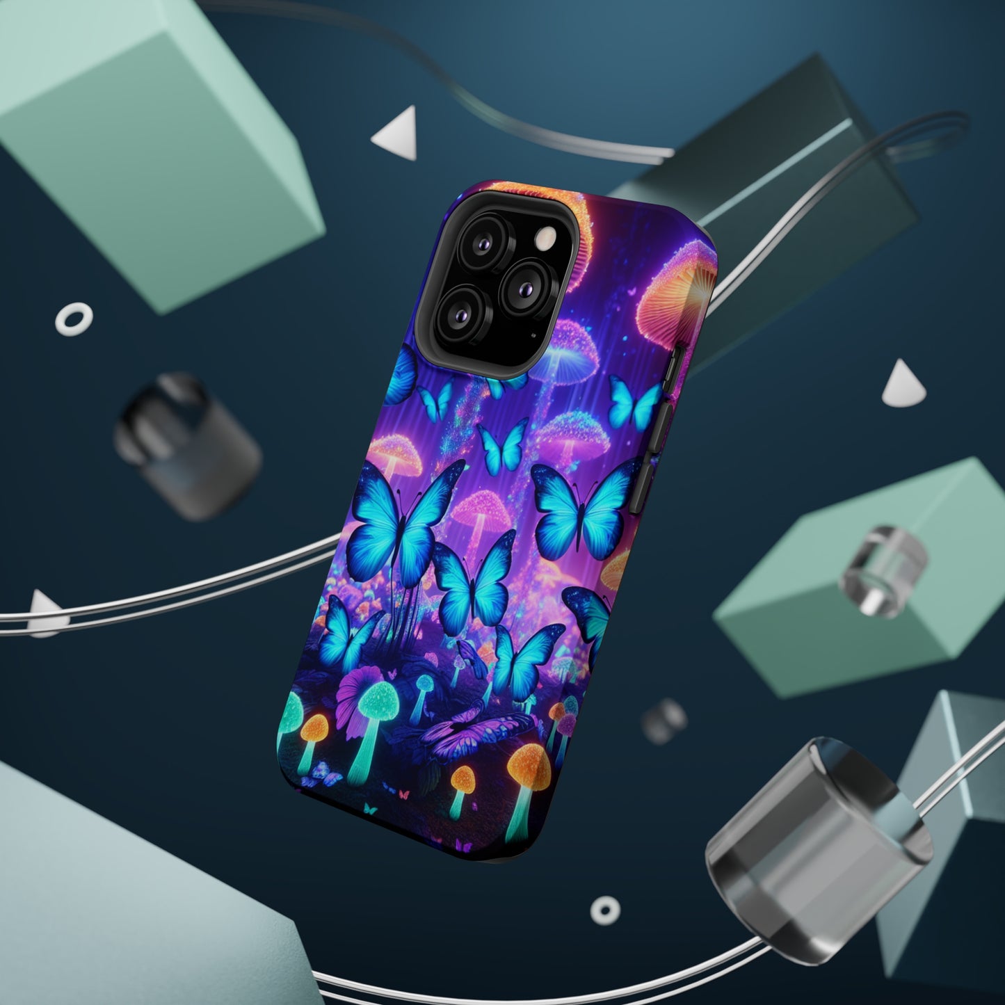 Neon Delight Landscape Neon Butterflies and Mushrooms Premium Art Magsafe Magnet Tough IPhone 13 14 15 Pro Plus Max and Mini in Matte and Glossy Phone cases