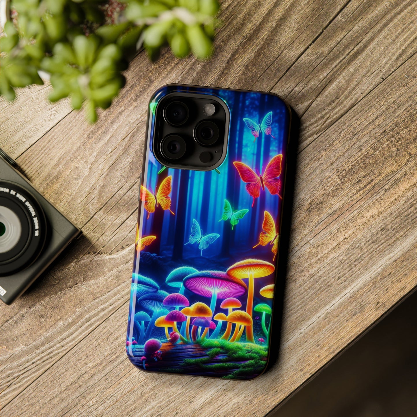 "Neon Garden Delight" Neon Butterflies and Mushrooms Premium Art Magsafe Magnet Tough IPhone 13 14 15 Pro Plus Max and Mini in Matte and Glossy Phone cases