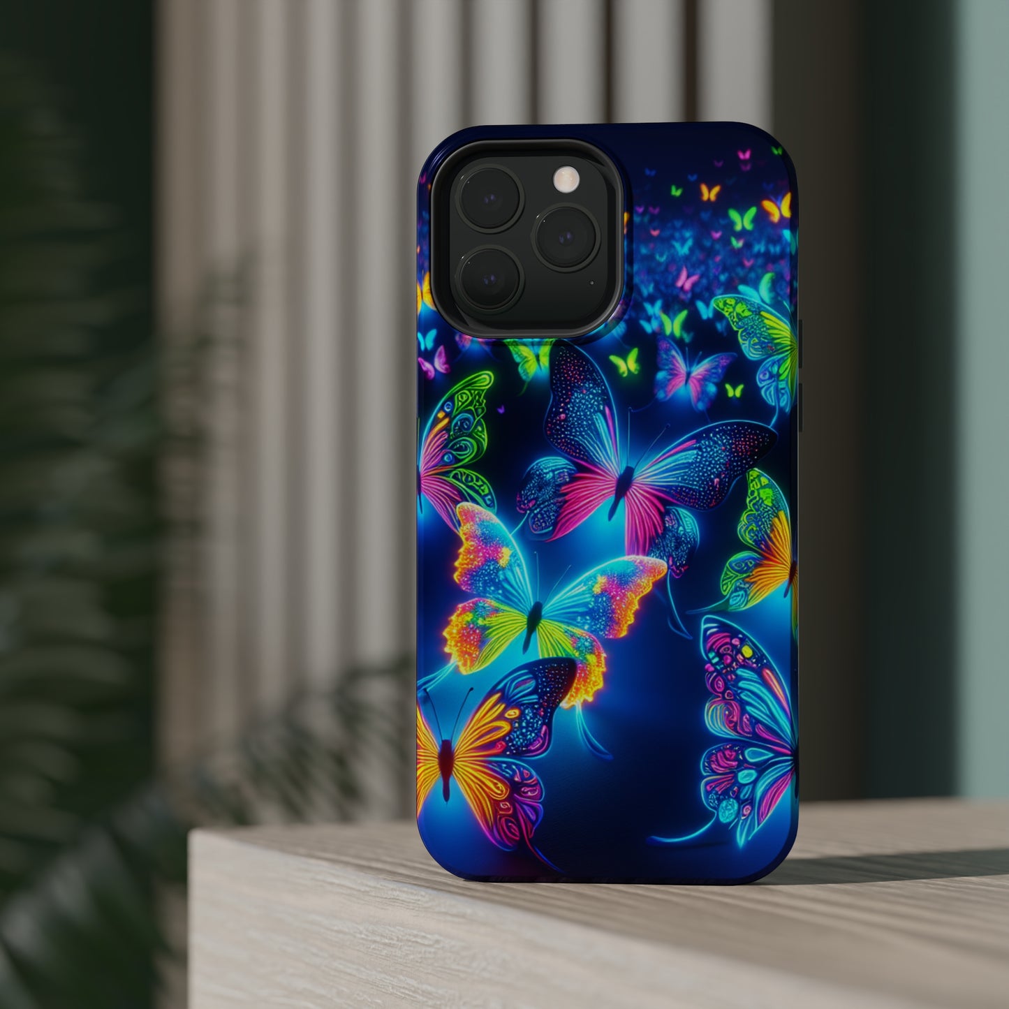 "Atmospheric Fluorescence" Neon Butterflies Premium Art Magsafe Magnet Tough IPhone 13 14 15 Pro Plus Max and Mini in Matte and Glossy Phone cases