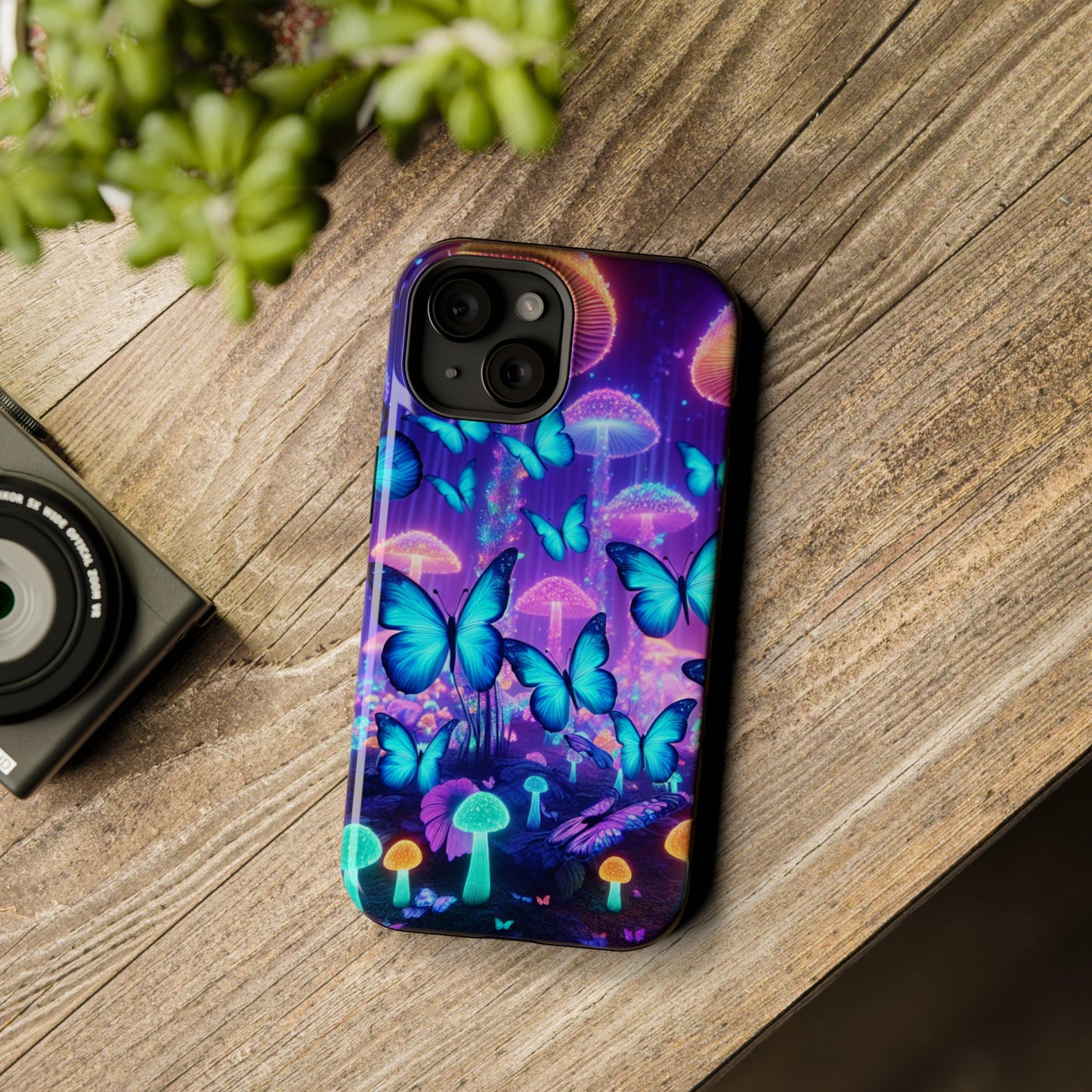 Neon Delight Landscape Neon Butterflies and Mushrooms Premium Art Magsafe Magnet Tough IPhone 13 14 15 Pro Plus Max and Mini in Matte and Glossy Phone cases