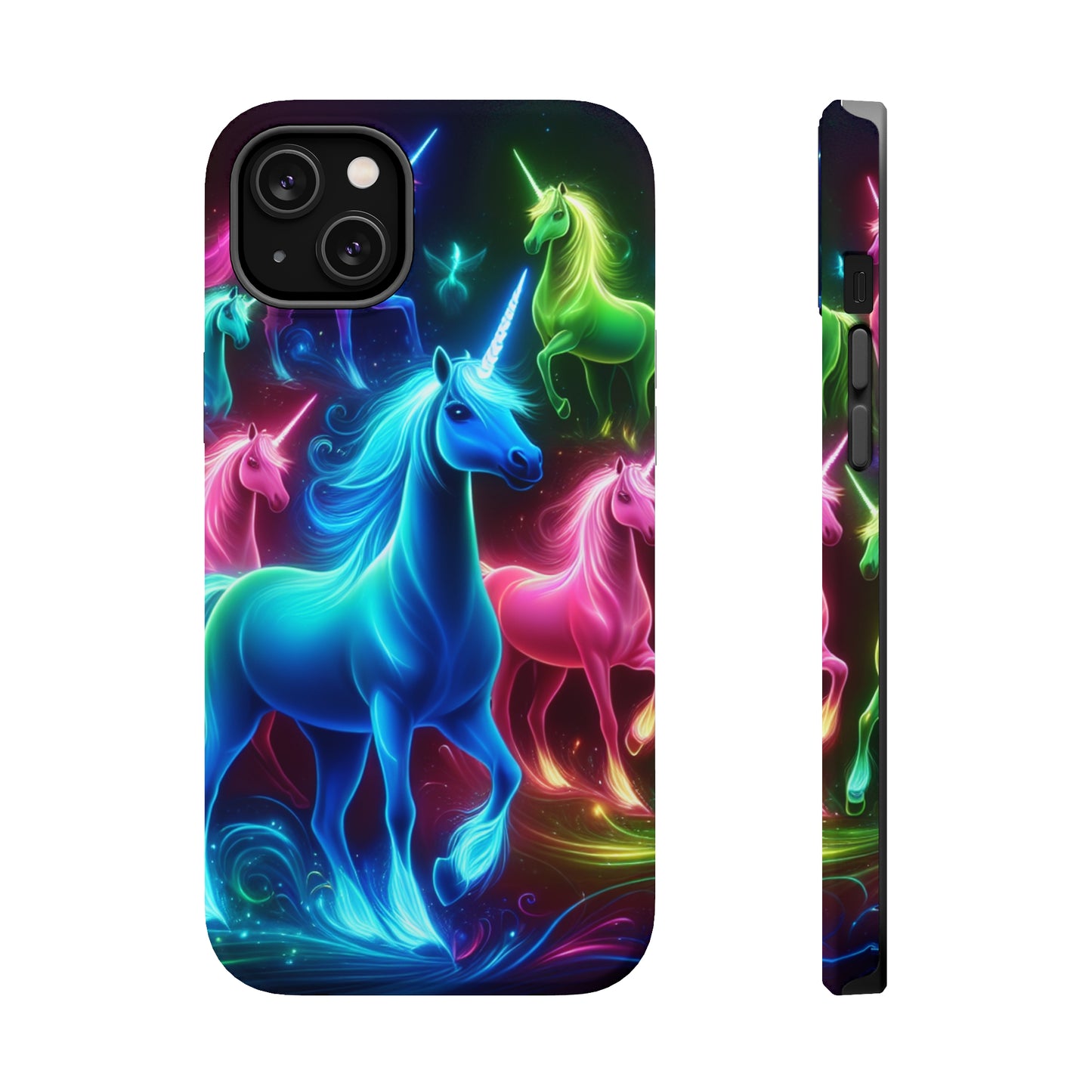 Neon Rainbow Herd. Neon Unicorns Premium Art Magsafe Magnet Tough IPhone 13 14 15 Pro Plus Max and Mini in Matte and Glossy Phone cases