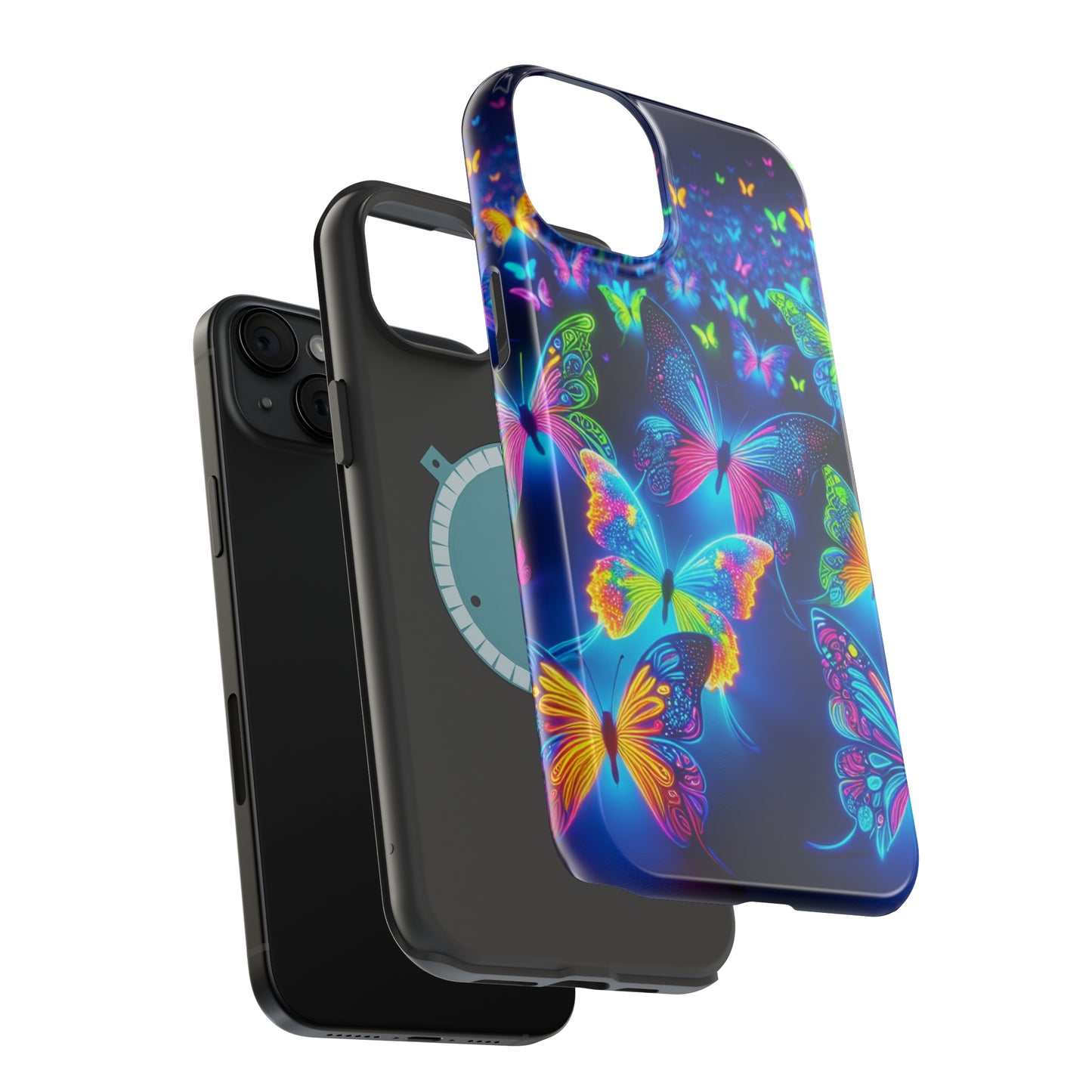 "Atmospheric Fluorescence" Neon Butterflies Premium Art Magsafe Magnet Tough IPhone 13 14 15 Pro Plus Max and Mini in Matte and Glossy Phone cases