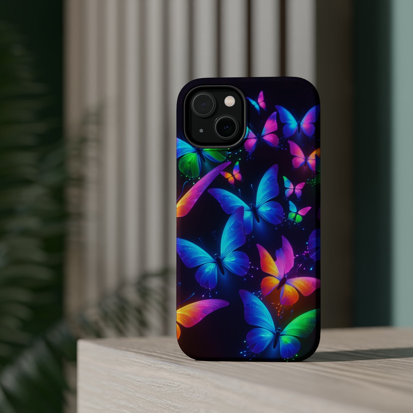 "Vibrant Neon Flutter" Neon Butterflies Premium Art Magsafe Magnet Tough IPhone 13 14 15 Pro Plus Max and Mini in Matte and Glossy Phone cases
