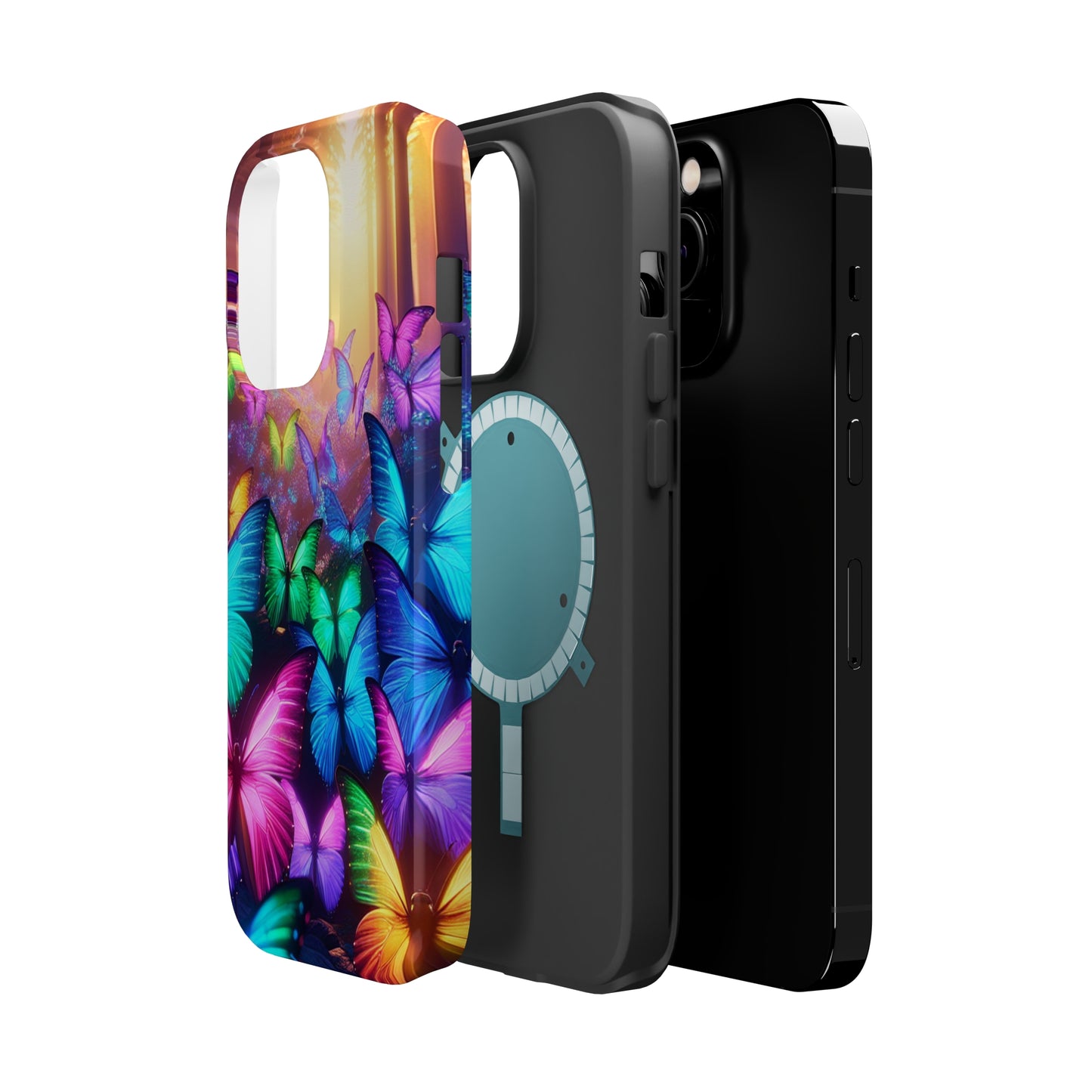 "Radiant Glowing Flight" Neon Butterflies Premium Art Magsafe Magnet Tough IPhone 13 14 15 Pro Plus Max and Mini in Matte and Glossy Phone cases