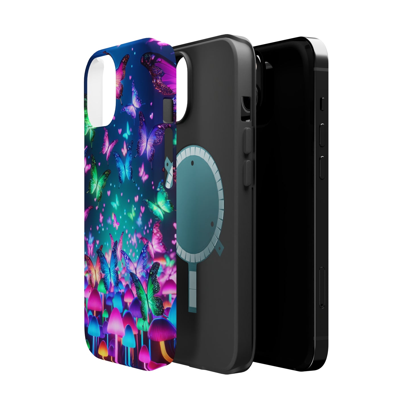 Neon Eden. Neon Butterflies and Mushrooms Premium Art Magsafe Magnet Tough IPhone 13 14 15 Pro Plus Max and Mini in Matte and Glossy Phone cases