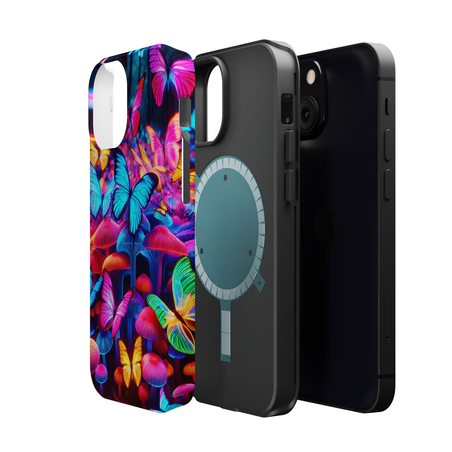 "Neon Tie-Dye Garden" Neon Butterflies and Mushrooms Premium Art Magsafe Magnet Tough IPhone 13 14 15 Pro Plus Max and Mini in Matte and Glossy Phone cases