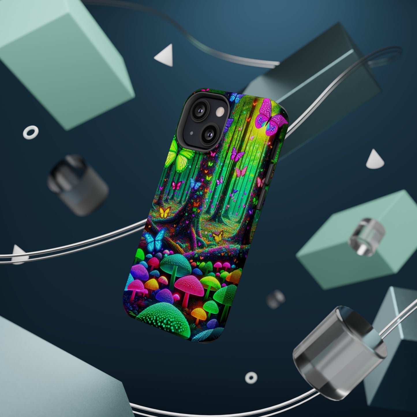 "Neon Garden Symphony". Neon Butterflies and Mushrooms Premium Art Magsafe Magnet Tough IPhone 13 14 15 Pro Plus Max and Mini in Matte and Glossy Phone cases