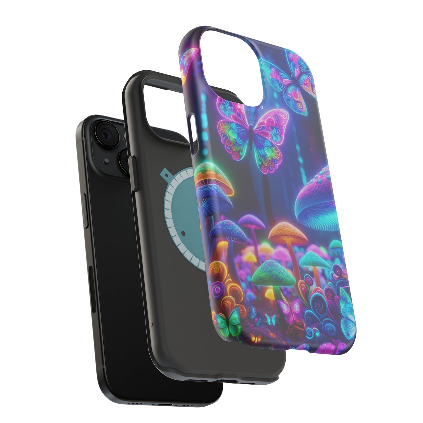 Neon Ecstasy. Neon Butterflies and Mushrooms Premium Art Magsafe Magnet Tough IPhone 13 14 15 Pro Plus Max and Mini in Matte and Glossy Phone cases