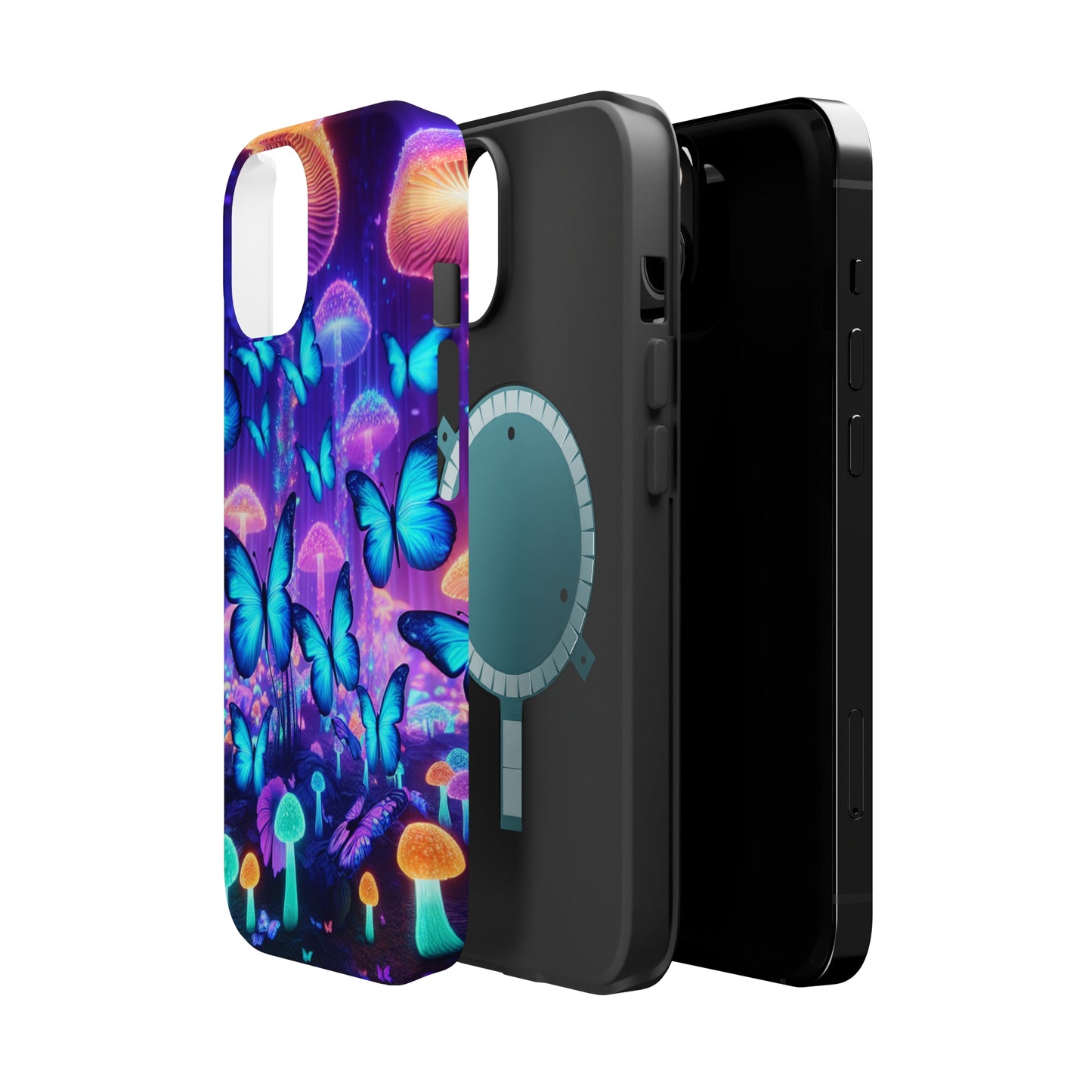 Neon Delight Landscape Neon Butterflies and Mushrooms Premium Art Magsafe Magnet Tough IPhone 13 14 15 Pro Plus Max and Mini in Matte and Glossy Phone cases