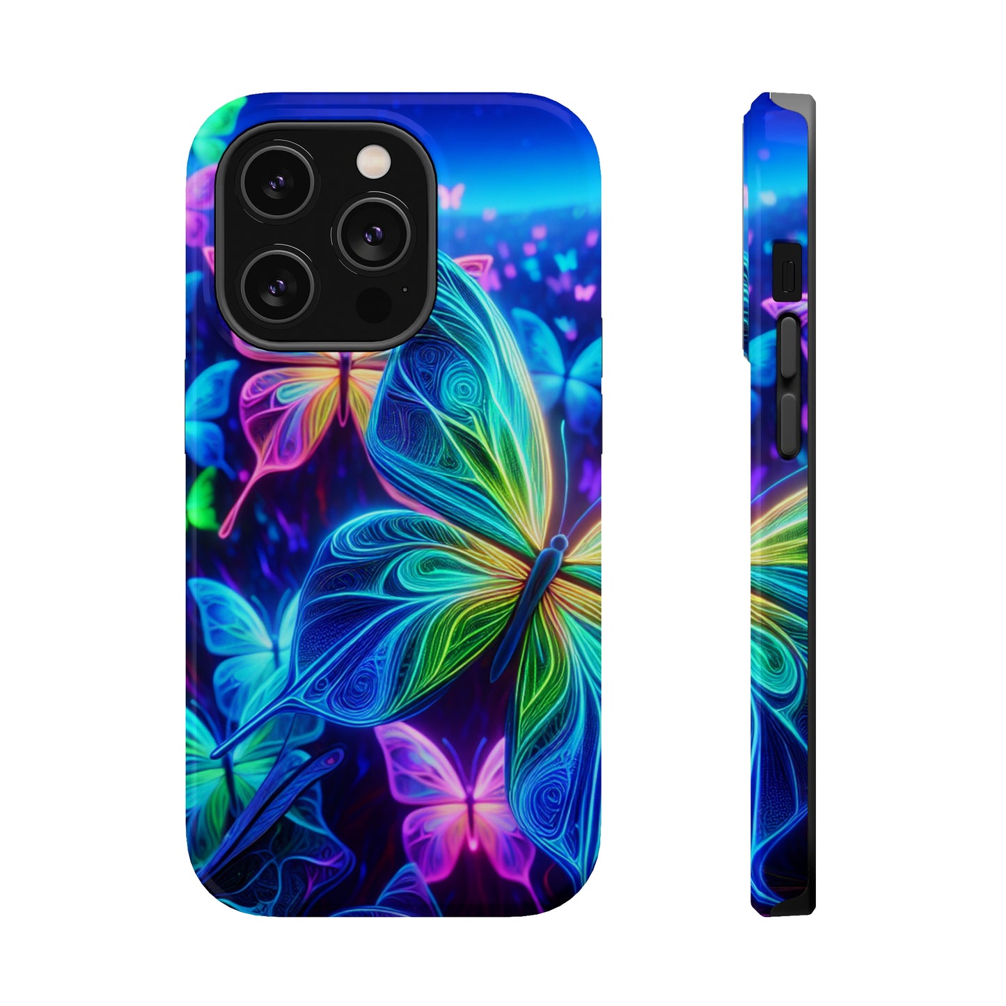 'Serene Spectacle of Neon Butterflies' Neon Butterflies Premium Art Magsafe Magnet Tough IPhone 13 14 15 Pro Plus Max and Mini in Matte and Glossy Phone cases
