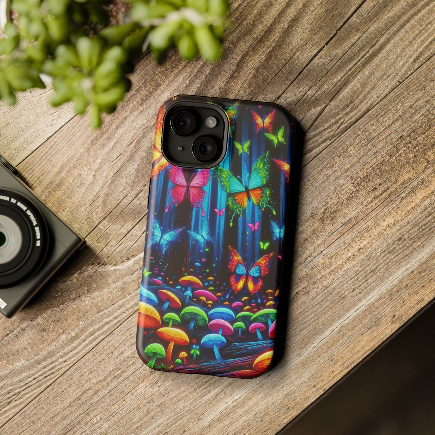 Neon Fantasia. Neon Butterflies and Mushrooms Premium Art Magsafe Magnet Tough IPhone 13 14 15 Pro Plus Max and Mini in Matte and Glossy Phone cases