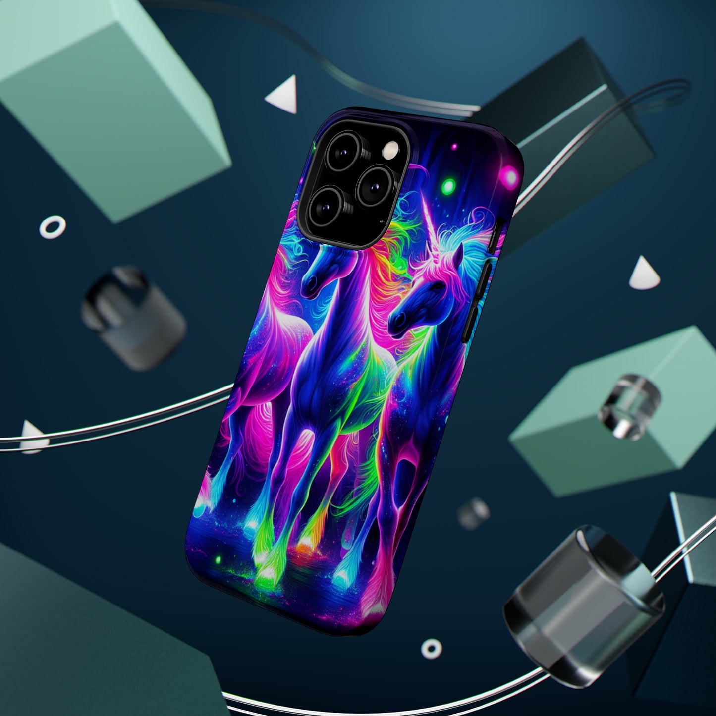 "Uni-Neon Fantasy" Neon Unicorns Premium Art Magsafe Magnet Tough IPhone 13 14 15 Pro Plus Max and Mini in Matte and Glossy Phone cases