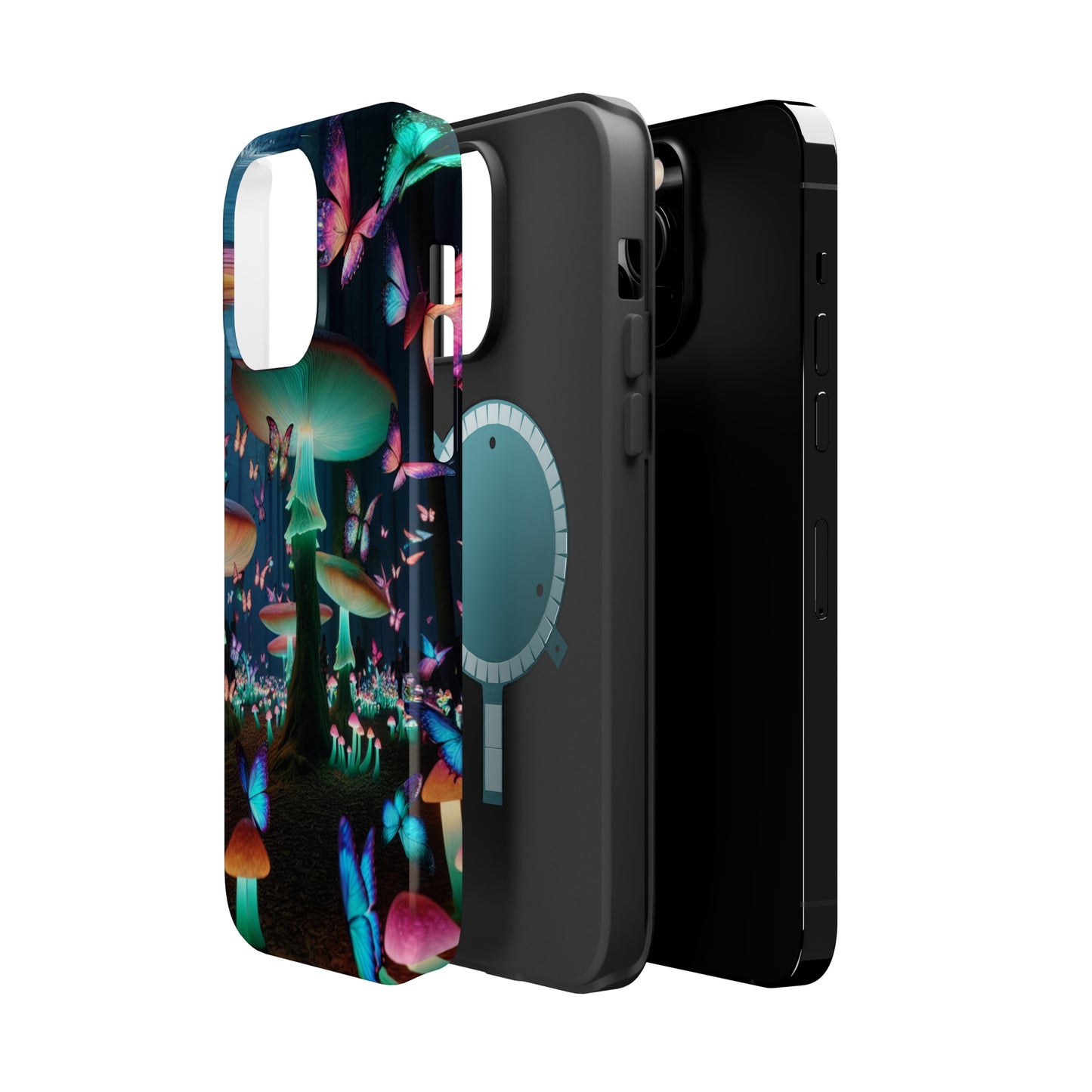 Neon Garden Delight. Neon Butterflies and Mushrooms Premium Art Magsafe Magnet Tough IPhone 13 14 15 Pro Plus Max and Mini in Matte and Glossy Phone cases