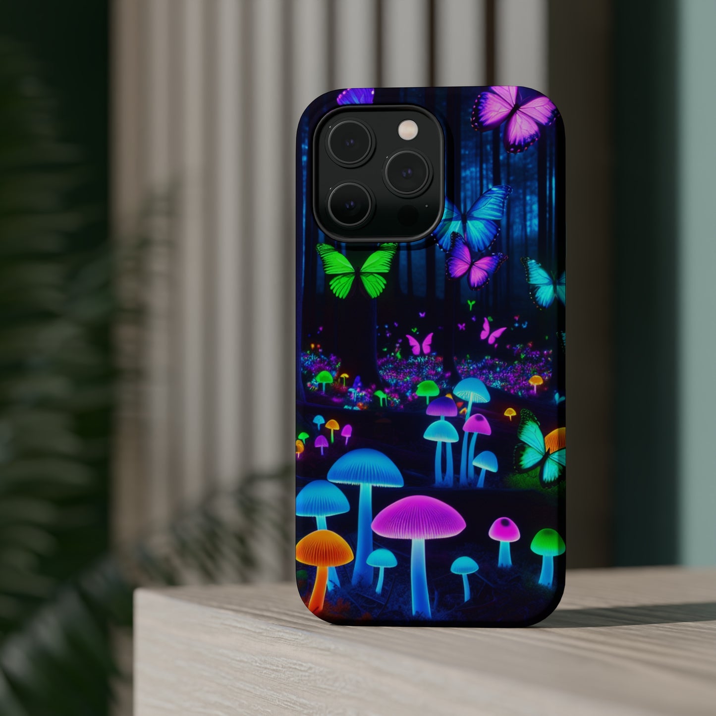 Neon Spectacle. Neon Butterflies and Mushrooms Premium Art Magsafe Magnet Tough IPhone 13 14 15 Pro Plus Max and Mini in Matte and Glossy Phone cases