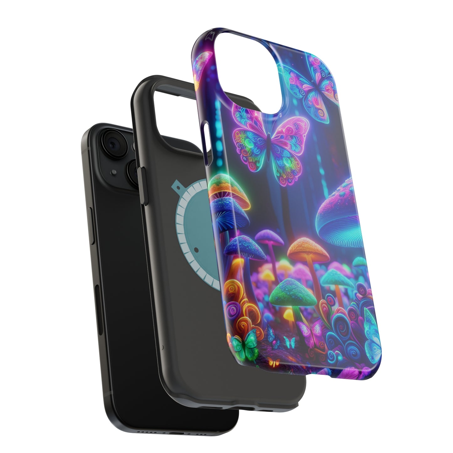 Neon Ecstasy. Neon Butterflies and Mushrooms Premium Art Magsafe Magnet Tough IPhone 13 14 15 Pro Plus Max and Mini in Matte and Glossy Phone cases
