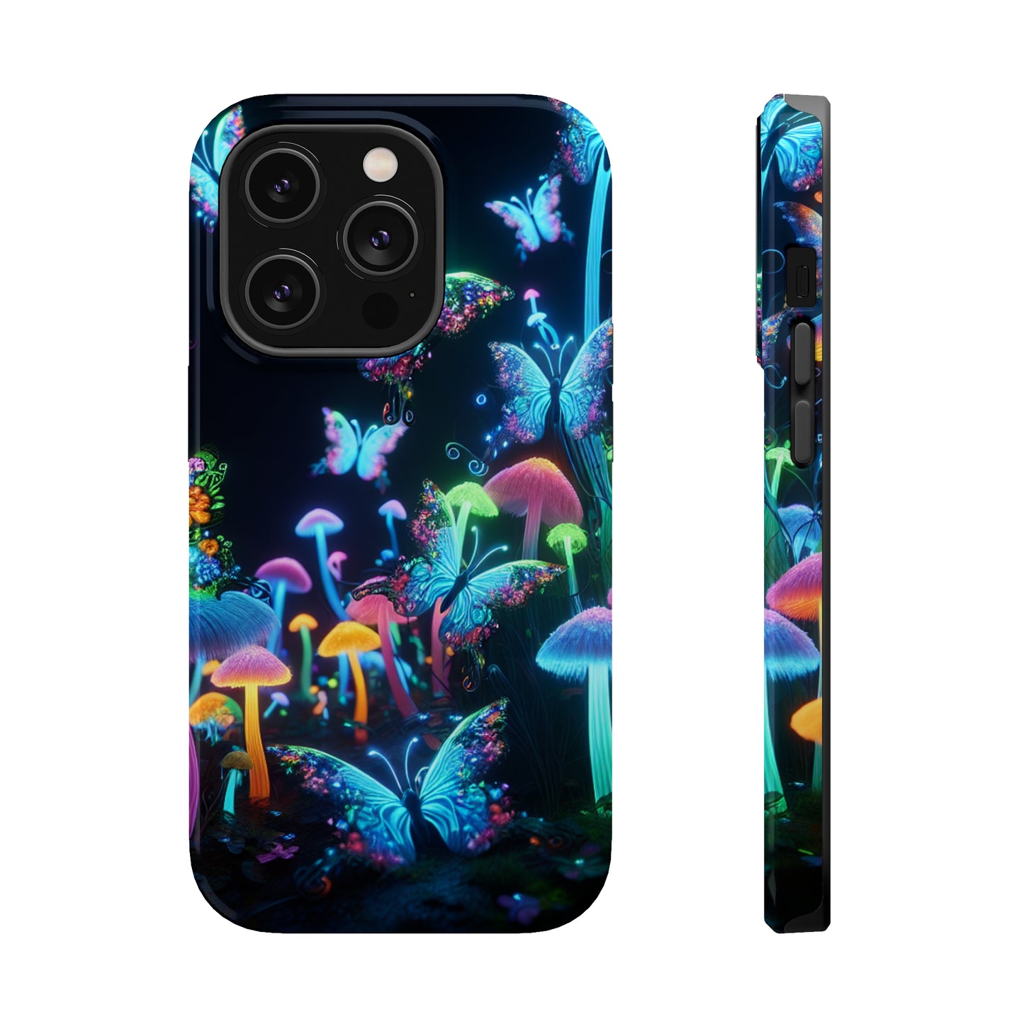 "Neon Dreamscape" Neon Butterflies and Mushrooms Premium Art Magsafe Magnet Tough IPhone 13 14 15 Pro Plus Max and Mini in Matte and Glossy Phone cases