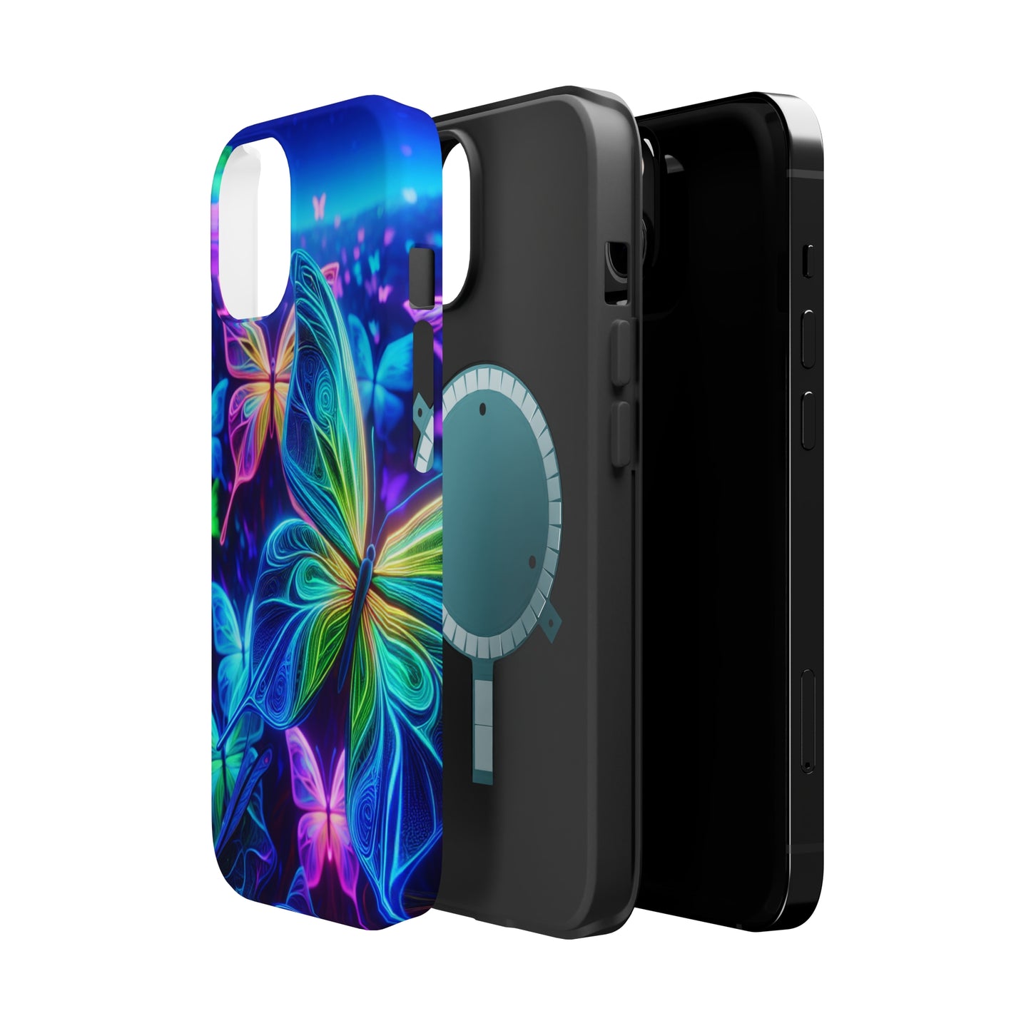 'Serene Spectacle of Neon Butterflies' Neon Butterflies Premium Art Magsafe Magnet Tough IPhone 13 14 15 Pro Plus Max and Mini in Matte and Glossy Phone cases