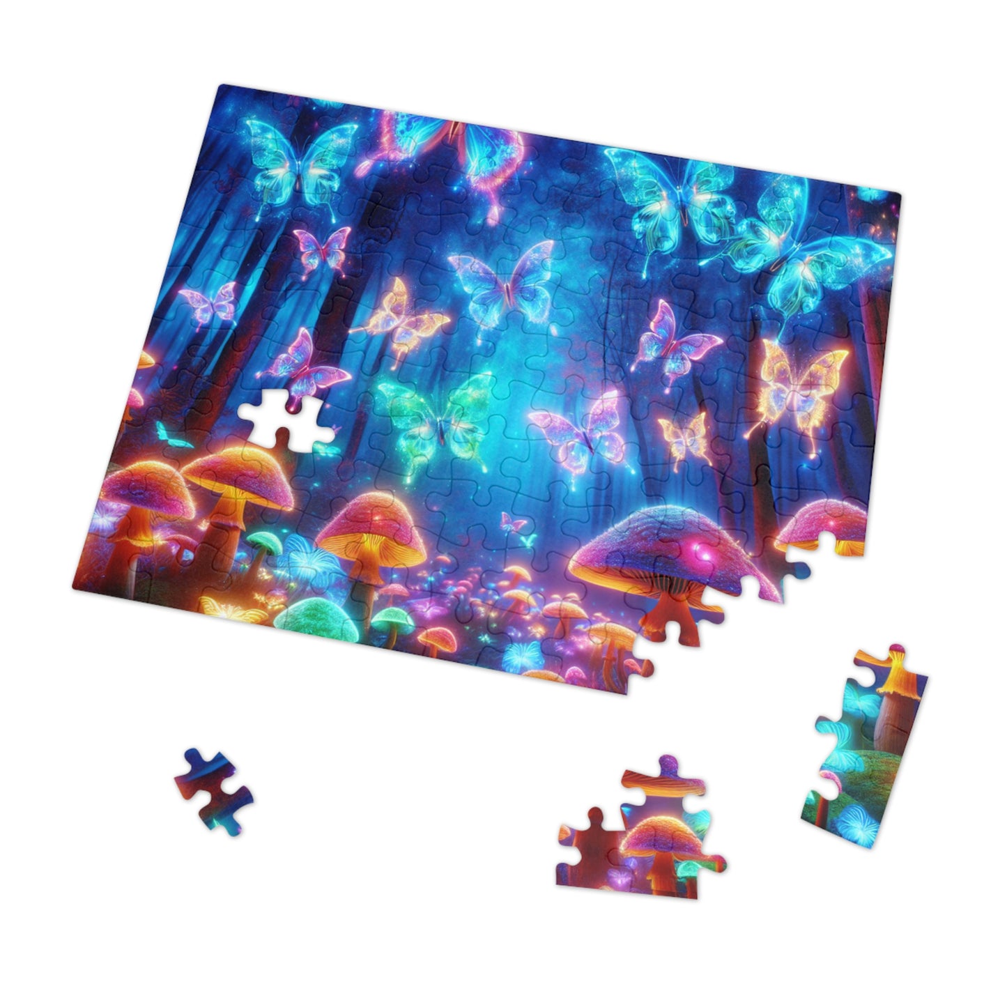 'Vibrant Neon Dreamscape' - Neon Butterflies and Mushrooms Puzzle 30, 110, 252, and 1000 Pieces