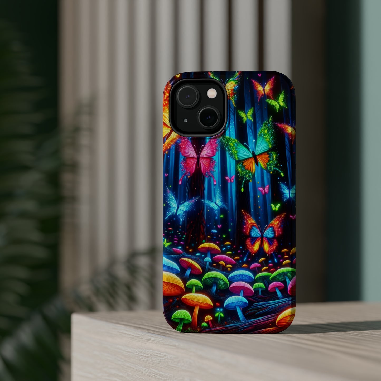 Neon Fantasia. Neon Butterflies and Mushrooms Premium Art Magsafe Magnet Tough IPhone 13 14 15 Pro Plus Max and Mini in Matte and Glossy Phone cases