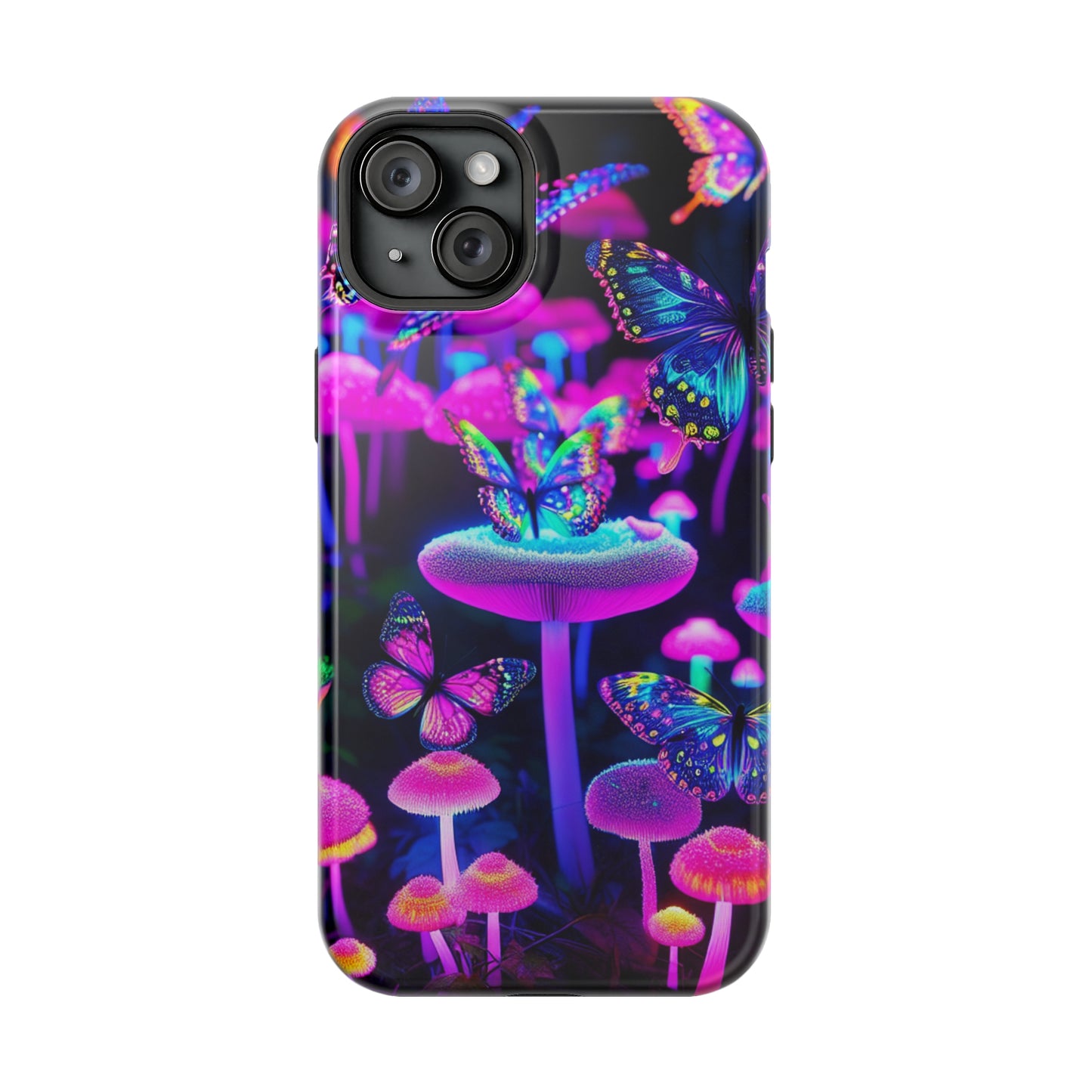 "Neon Gloomsprite Dance" Neon Butterflies and Mushrooms Premium Art Magsafe Magnet Tough IPhone 13 14 15 Pro Plus Max and Mini in Matte and Glossy Phone cases