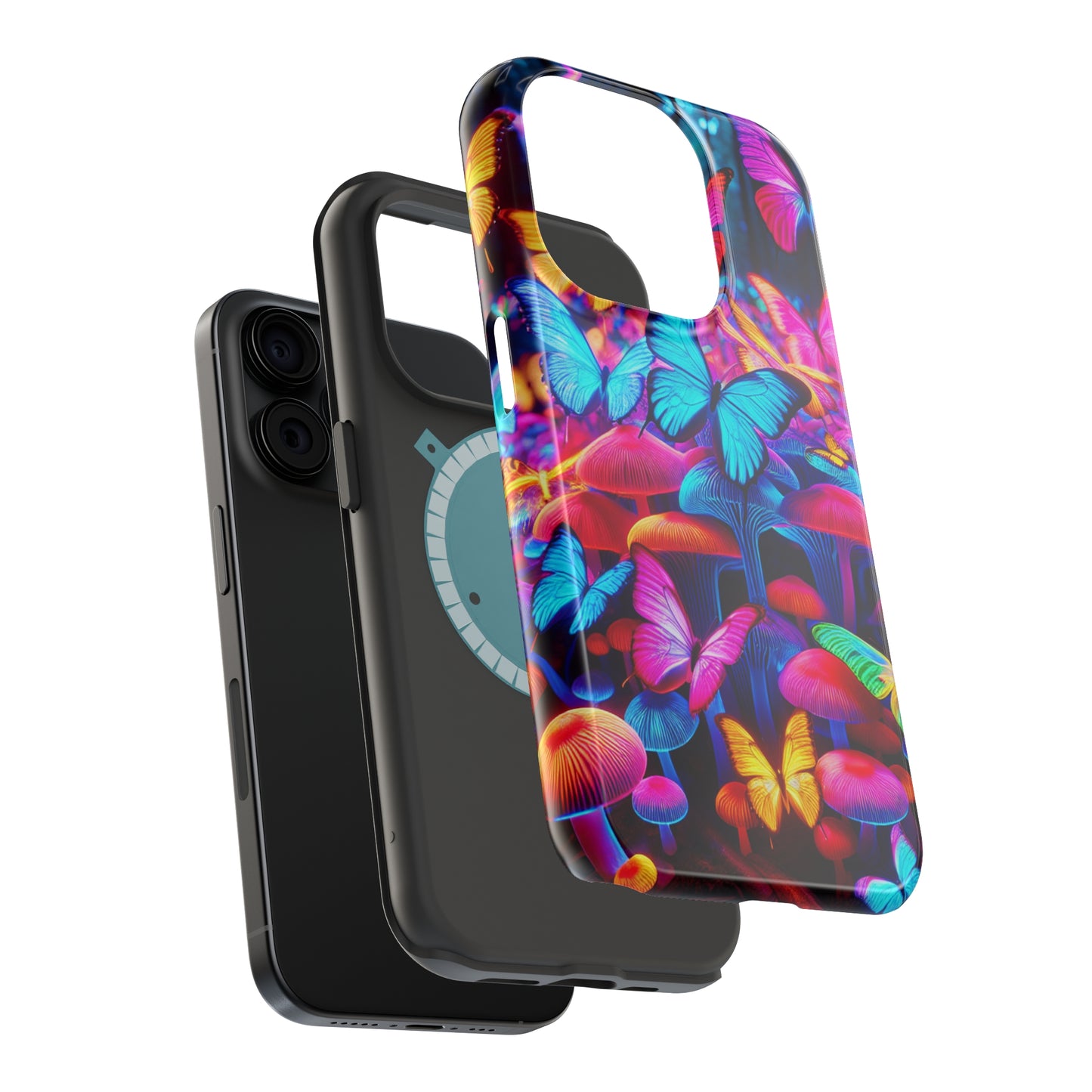 "Neon Tie-Dye Garden" Neon Butterflies and Mushrooms Premium Art Magsafe Magnet Tough IPhone 13 14 15 Pro Plus Max and Mini in Matte and Glossy Phone cases