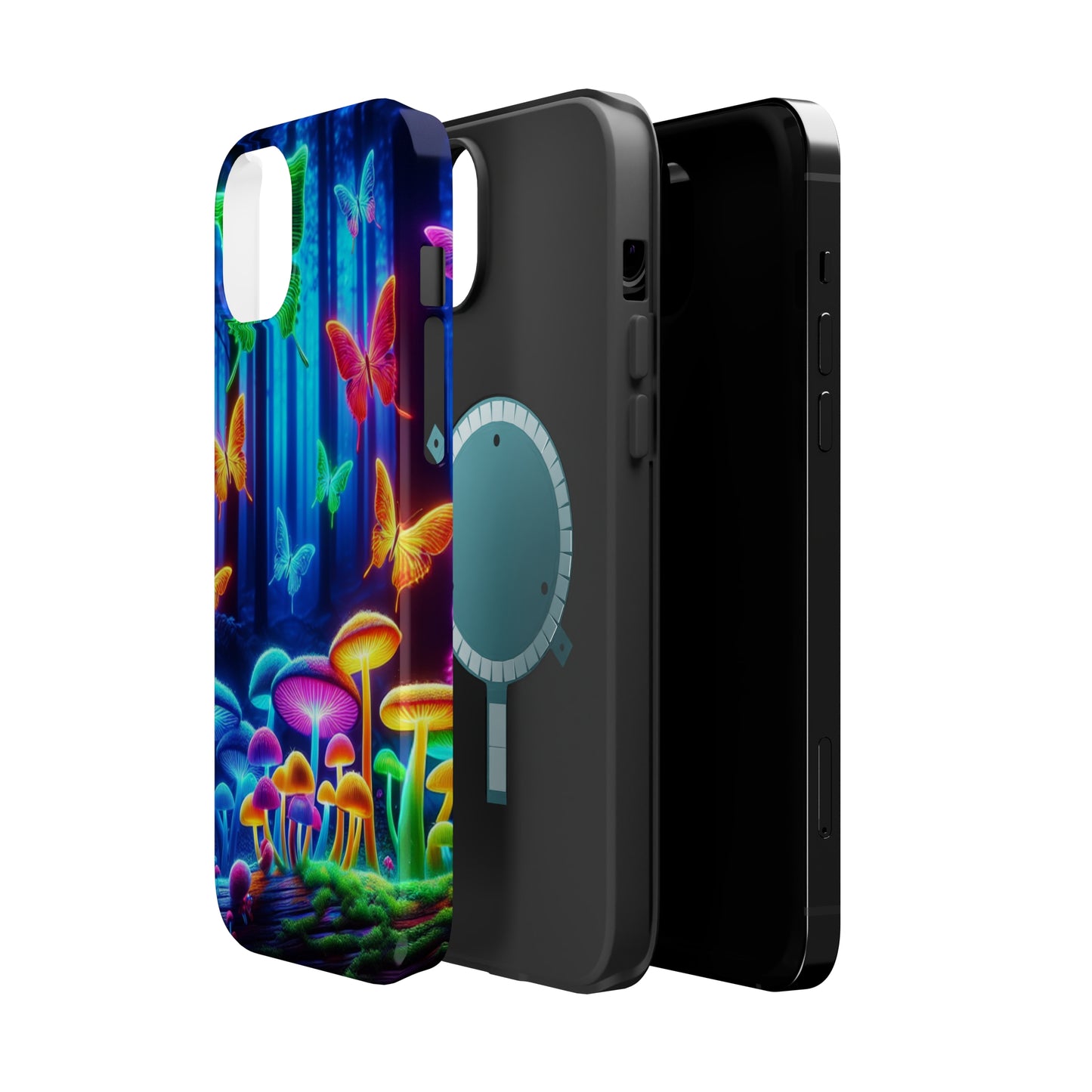 "Neon Garden Delight" Neon Butterflies and Mushrooms Premium Art Magsafe Magnet Tough IPhone 13 14 15 Pro Plus Max and Mini in Matte and Glossy Phone cases