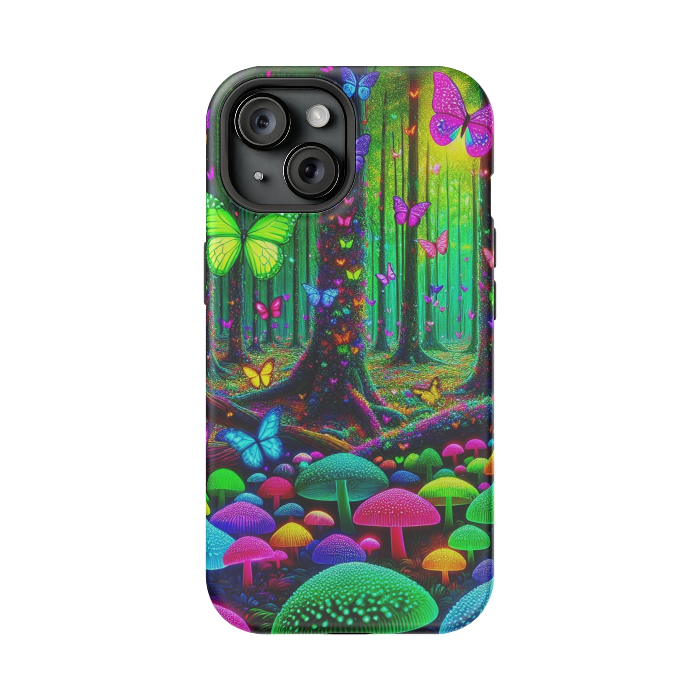 "Neon Garden Symphony". Neon Butterflies and Mushrooms Premium Art Magsafe Magnet Tough IPhone 13 14 15 Pro Plus Max and Mini in Matte and Glossy Phone cases