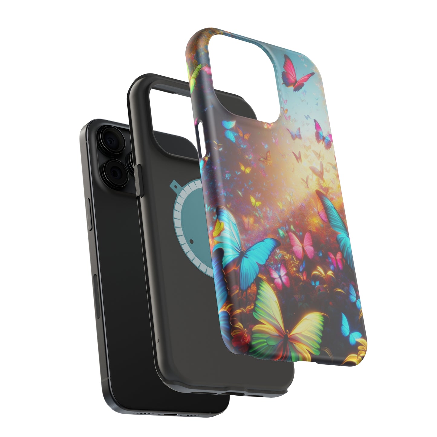 "Neon Butterfly Blooms" Neon Butterflies Premium Art Magsafe Magnet Tough IPhone 13 14 15 Pro Plus Max and Mini in Matte and Glossy Phone cases