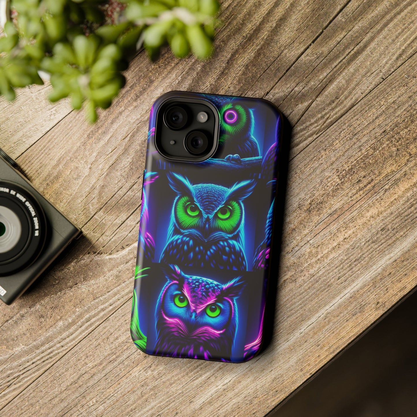 "Neon Nocturne" Neon Owls Premium Art Magsafe Magnet Tough IPhone 13 14 15 Pro Plus Max and Mini in Matte and Glossy Phone cases