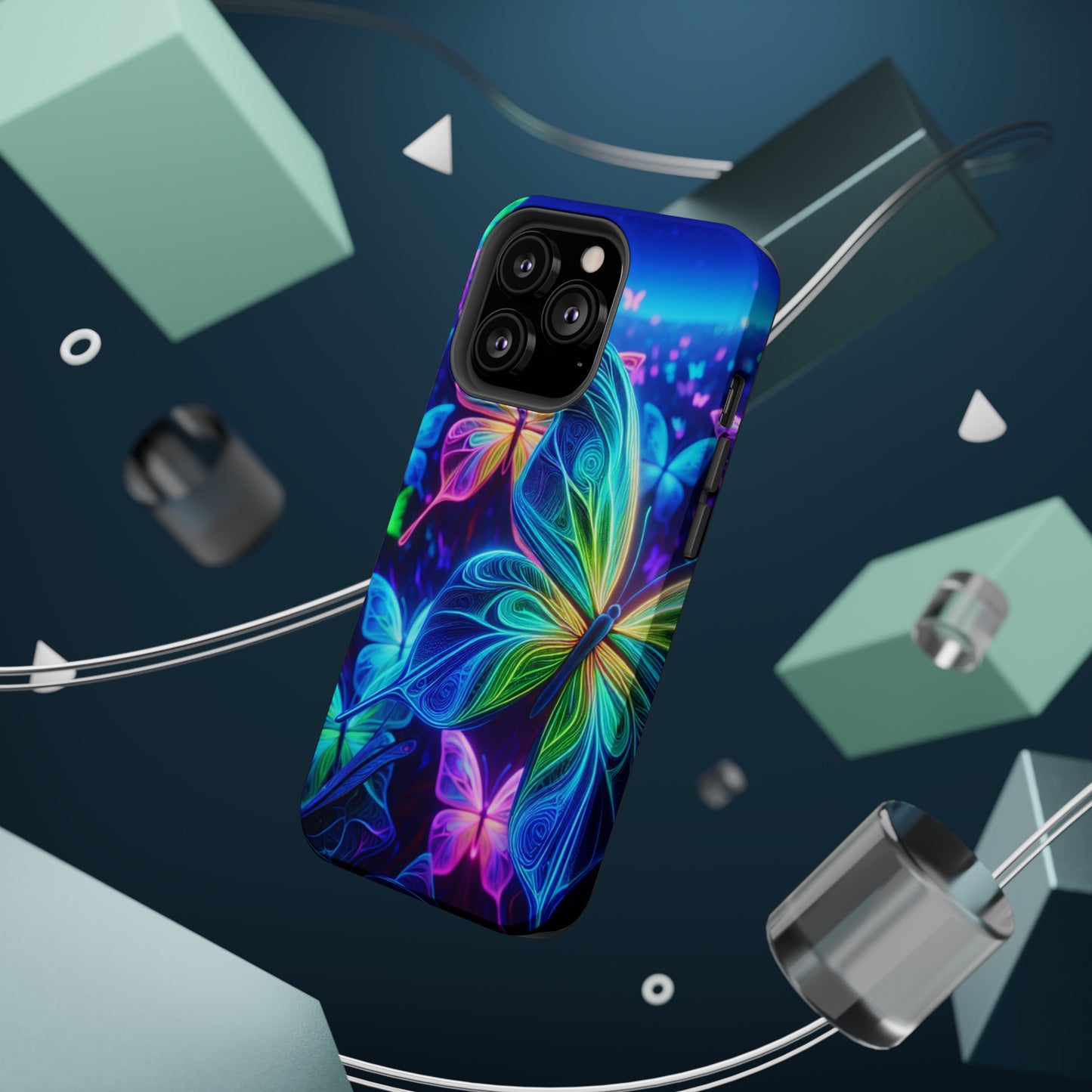 'Serene Spectacle of Neon Butterflies' Neon Butterflies Premium Art Magsafe Magnet Tough IPhone 13 14 15 Pro Plus Max and Mini in Matte and Glossy Phone cases