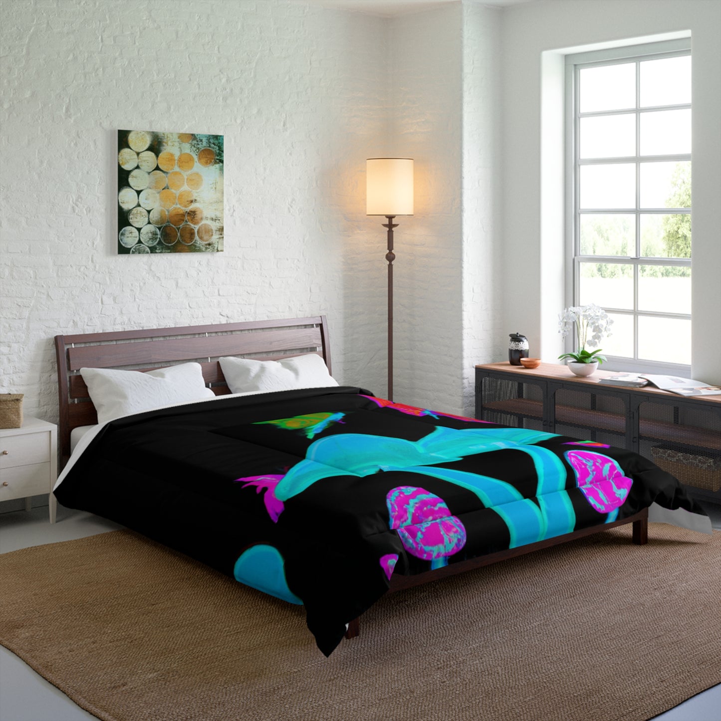 "Fantasia of Flourescence" Butterflies & Mushrooms Comforter Blanket
