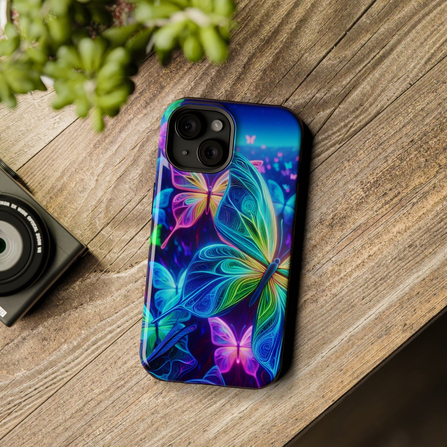 'Serene Spectacle of Neon Butterflies' Neon Butterflies Premium Art Magsafe Magnet Tough IPhone 13 14 15 Pro Plus Max and Mini in Matte and Glossy Phone cases
