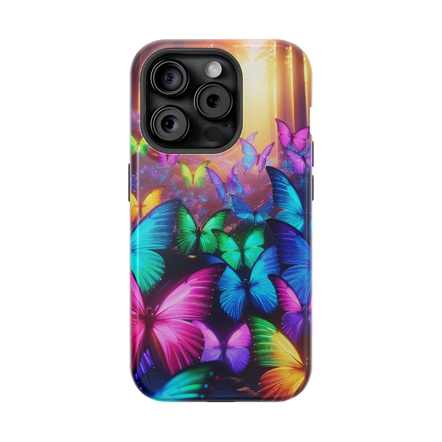 "Radiant Glowing Flight" Neon Butterflies Premium Art Magsafe Magnet Tough IPhone 13 14 15 Pro Plus Max and Mini in Matte and Glossy Phone cases