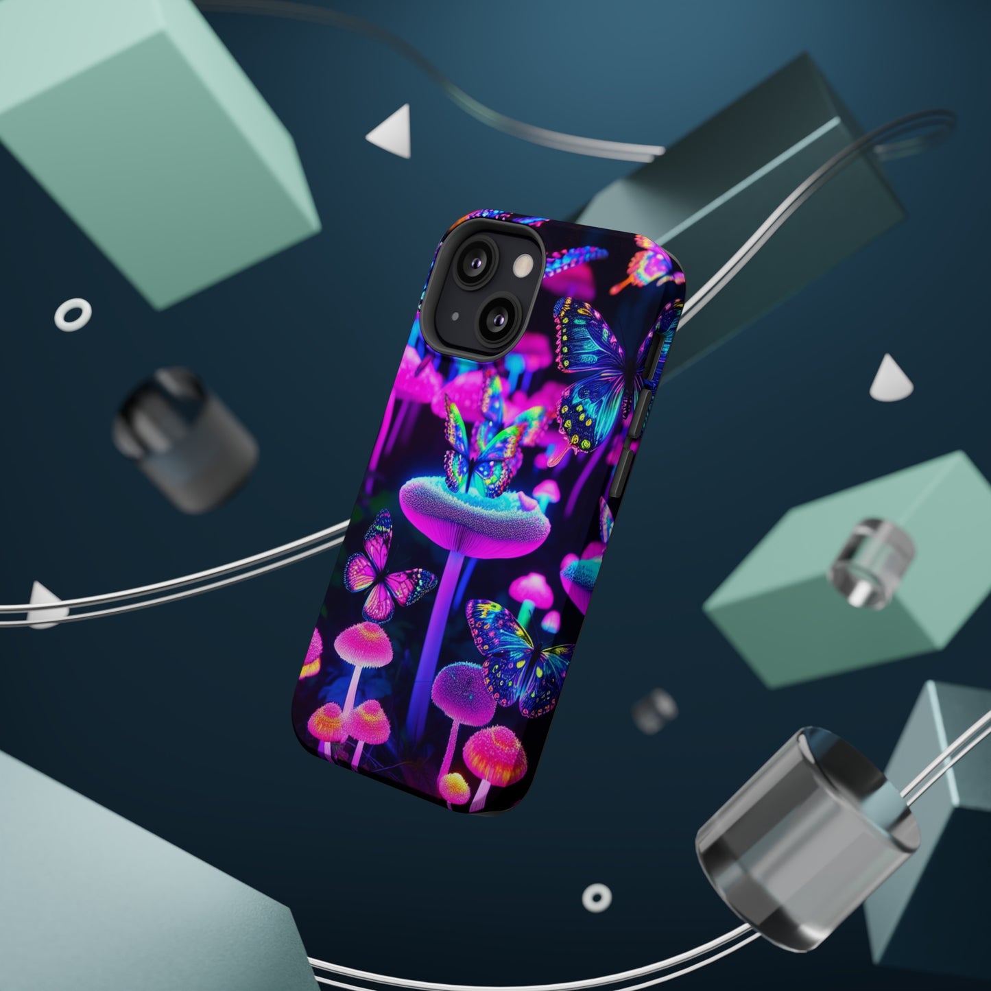 "Neon Gloomsprite Dance" Neon Butterflies and Mushrooms Premium Art Magsafe Magnet Tough IPhone 13 14 15 Pro Plus Max and Mini in Matte and Glossy Phone cases
