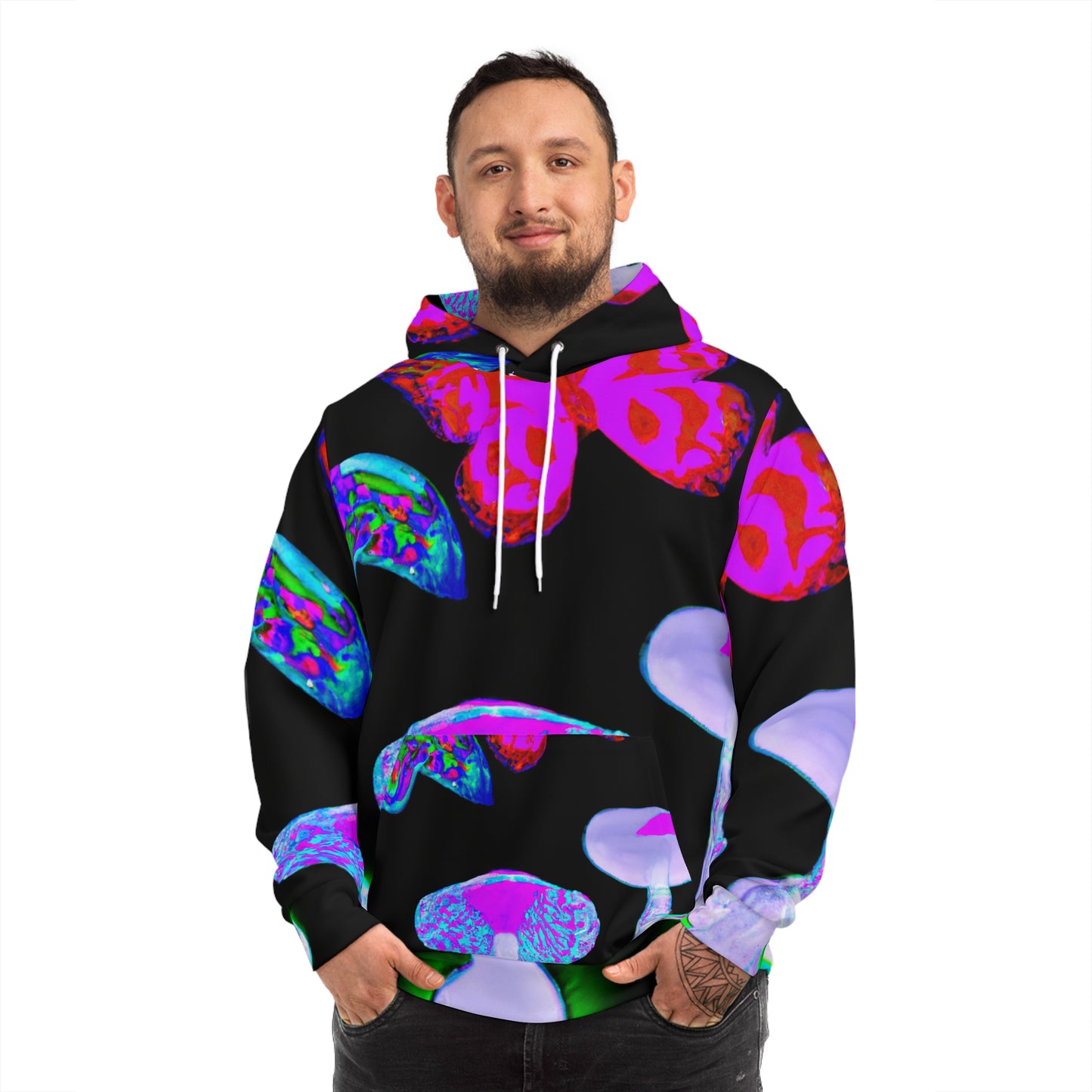 "Neon Fantasy Garden" - Butterflies & Mushrooms AOP Hoodie