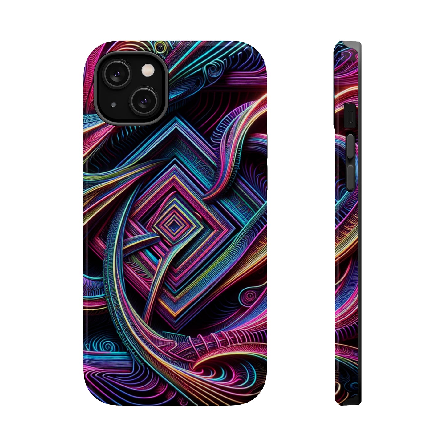 Fluxing Fractalvisage. Neon Trippy Infinity Patterns Premium Art Magsafe Magnet Tough IPhone 13 14 15 Pro Plus Max and Mini in Matte and Glossy Phone cases