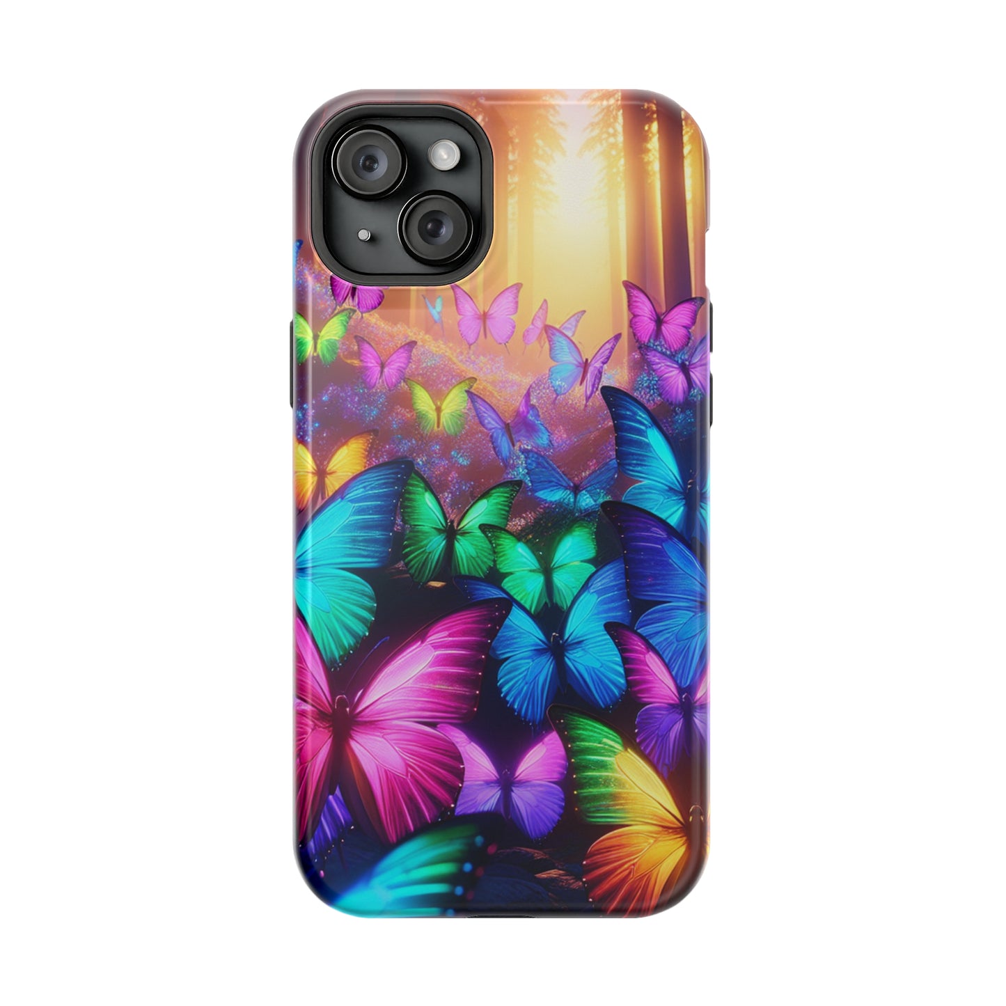 "Radiant Glowing Flight" Neon Butterflies Premium Art Magsafe Magnet Tough IPhone 13 14 15 Pro Plus Max and Mini in Matte and Glossy Phone cases