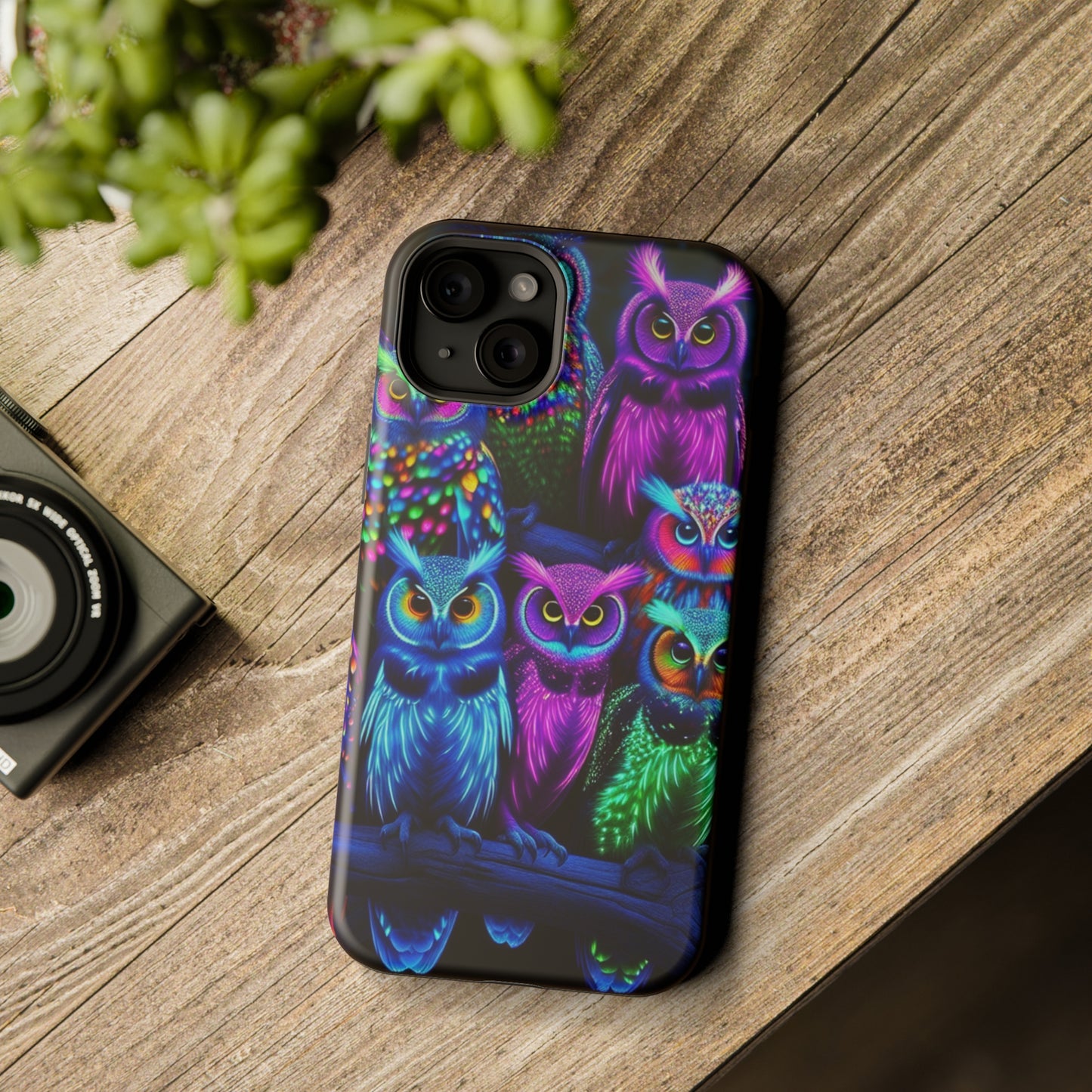 "Neon Nocturne" Neon Owls Premium Art Magsafe Magnet Tough IPhone 13 14 15 Pro Plus Max and Mini in Matte and Glossy Phone cases