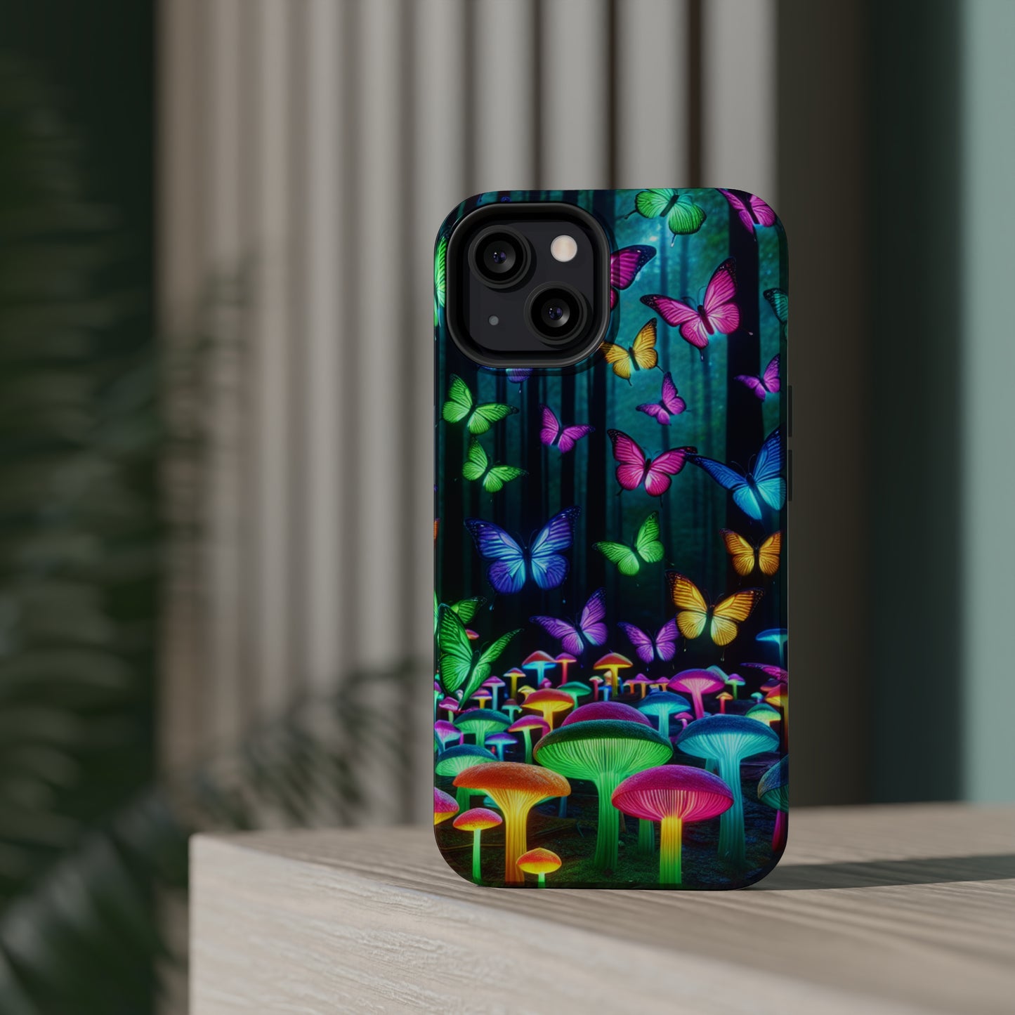 "Vivid Neon Splendor" Neon Butterflies and Mushrooms Premium Art Magsafe Magnet Tough IPhone 13 14 15 Pro Plus Max and Mini in Matte and Glossy Phone cases