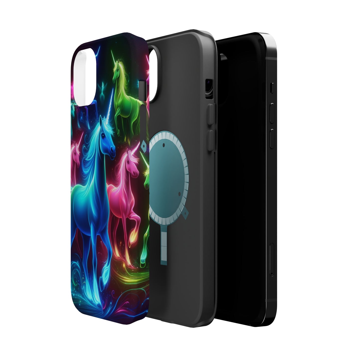 Neon Rainbow Herd. Neon Unicorns Premium Art Magsafe Magnet Tough IPhone 13 14 15 Pro Plus Max and Mini in Matte and Glossy Phone cases