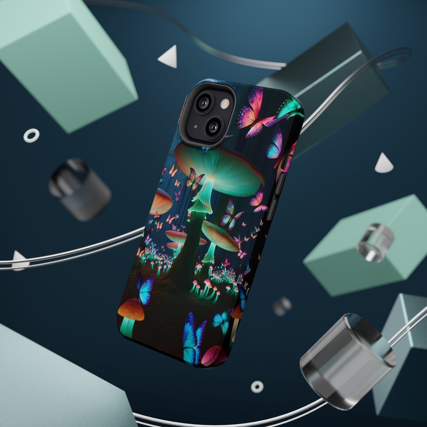 Neon Garden Delight. Neon Butterflies and Mushrooms Premium Art Magsafe Magnet Tough IPhone 13 14 15 Pro Plus Max and Mini in Matte and Glossy Phone cases