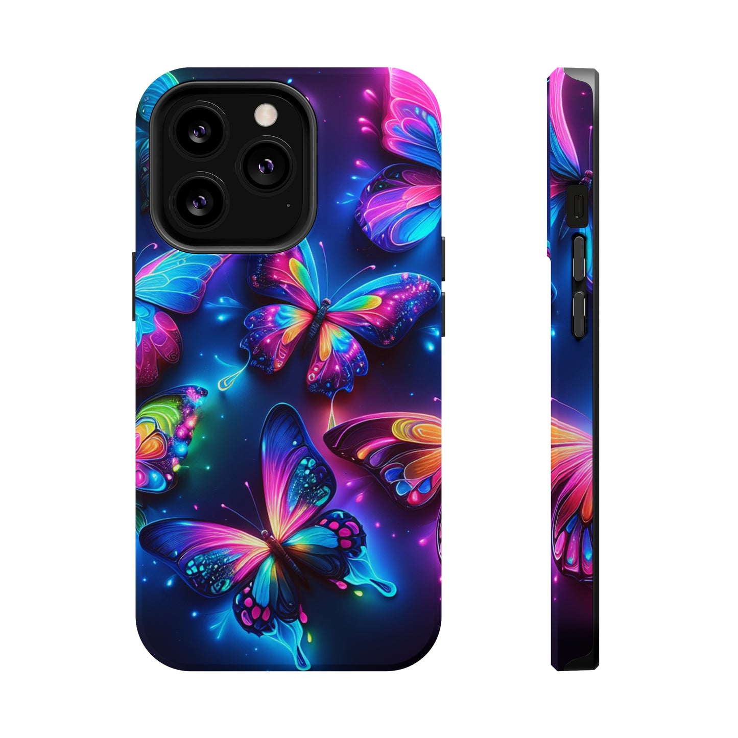 "Neon Butterfly Muster" Neon Butterflies Premium Art Magsafe Magnet Tough IPhone 13 14 15 Pro Plus Max and Mini in Matte and Glossy Phone cases