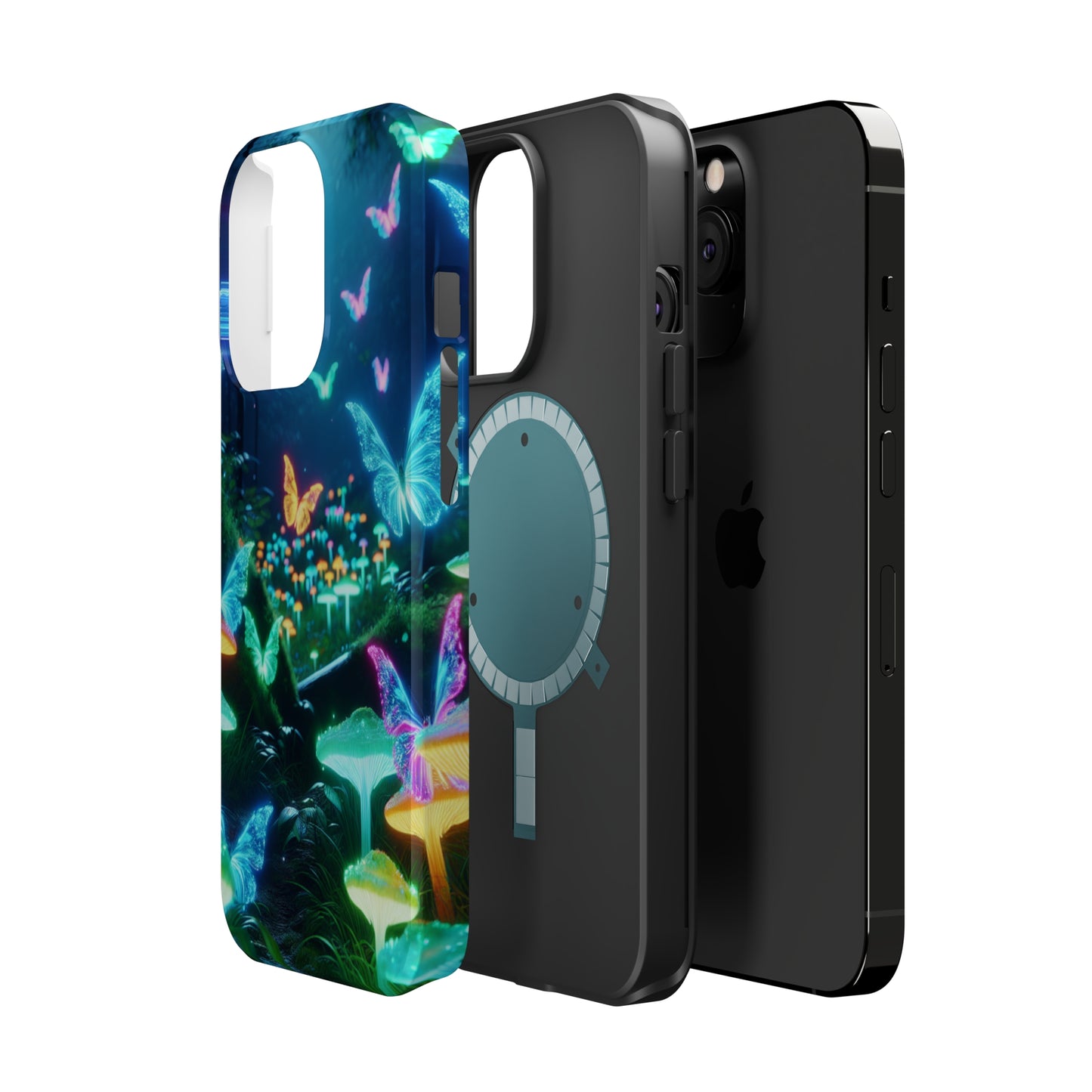 "Neon Meadow" Neon Butterflies and Mushrooms Premium Art Magsafe Magnet Tough IPhone 13 14 15 Pro Plus Max and Mini in Matte and Glossy Phone cases