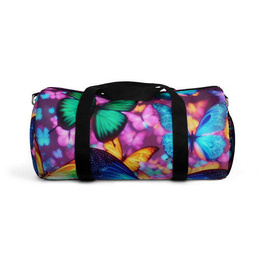 "Illuminated Flutter" - Neon Butterflies Duffle Bag
